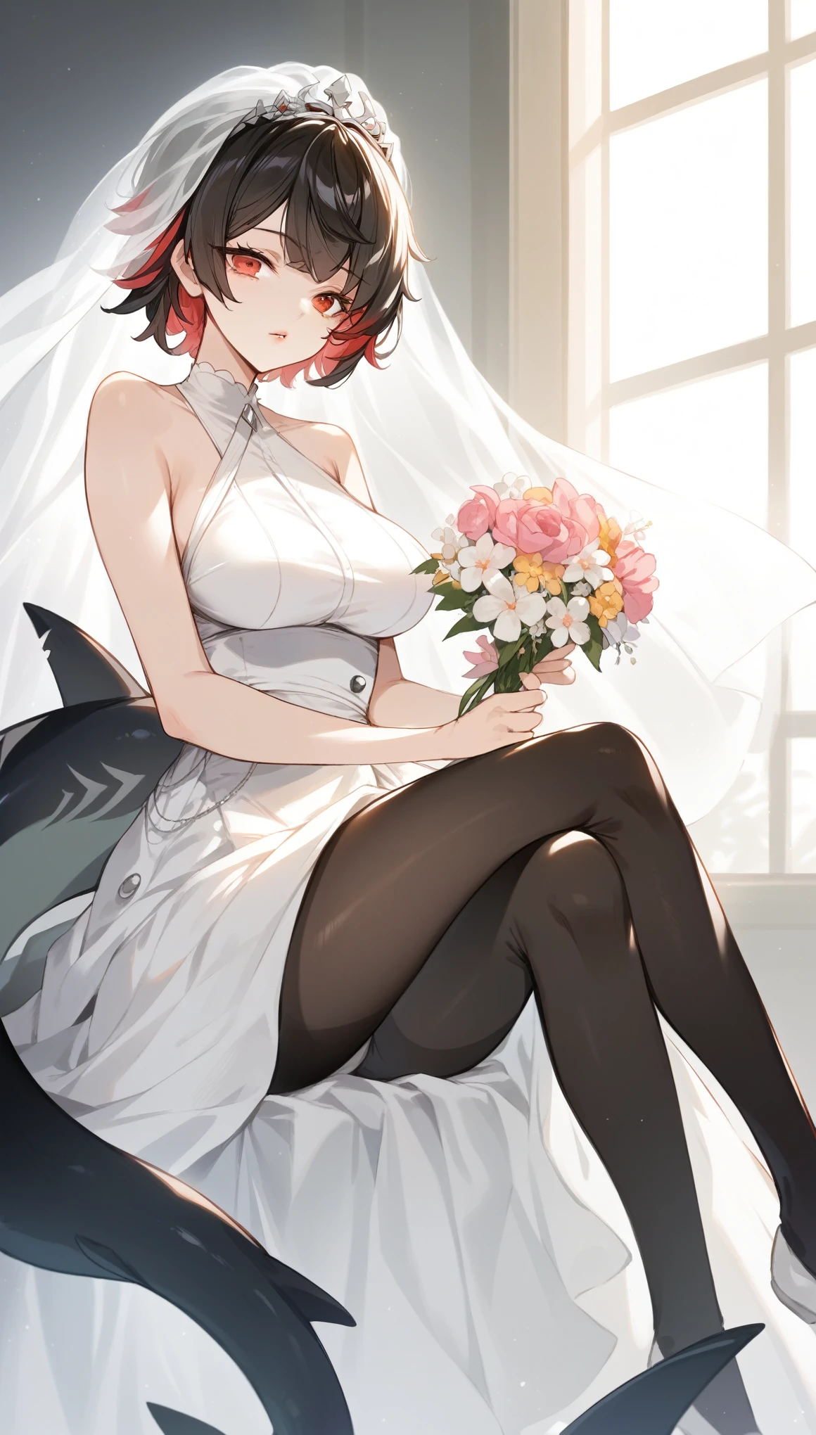 masterpiece，high resolution，Anime Art，Anime Numbers， 4k anime wallpaper，Radiant Skin，Looking at the camera，Solitary，An anime girl，Sitting with legs crossed，Holding flowers，Lips up，White Wedding Dress，Black short hair，Striped hair，Red eyes，Big breasts，Black pantyhose，Slender legs，Black shark tail