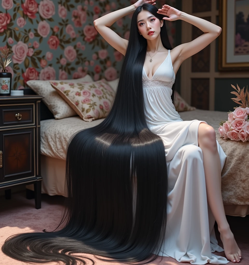 8k,highest quality, masterpiece, Ultra-high resolution,(masterpiece:1.6, highest quality), Intricate details, , cute Asian women, solo, black hair, , absurdly long hair,(( length knee hair)),full body,hair till floor ,((silky hair)),detail hair,detail face, ((super gigantic breast:1,3)), breast covered by longhair