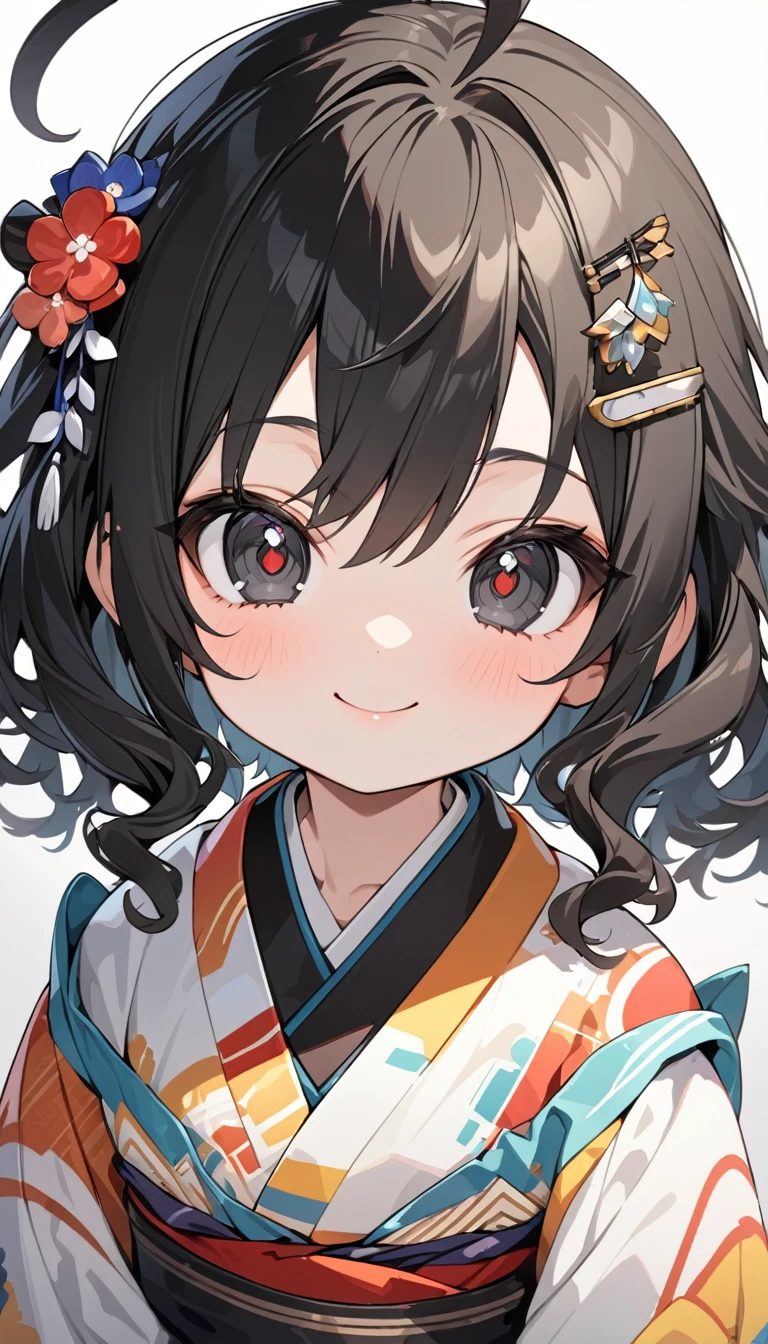 female child, glad, smiling, looking at viewer, hime cut, ahoge, wavy hair, black hair, black eyes, big eyes, fair skin, chibi, A kimono based on white and black stripes with The obi has a piano keyboard pattern., Japanese hairpin, gradient white background, masterpiece, best quality, detailed, ultra detailed, hyper detailed, insanely detailed, exquisite, beautiful, Full-HD, 16K, cute, fantasy, vibrant academia, anime, 2d anime, chibi anime, icon, soft lines, soft surface, simple line drawin