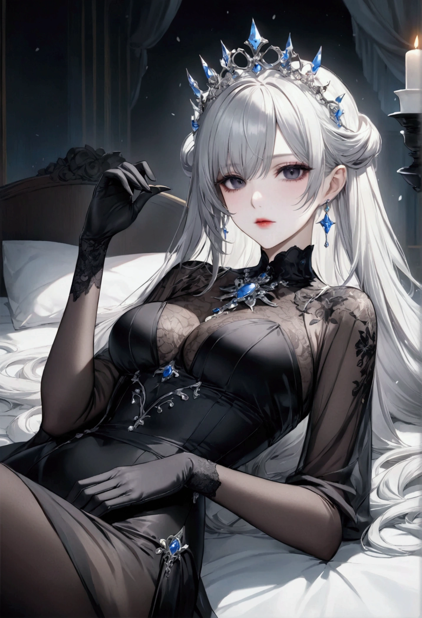 score_9, score_8_superior, score_7_superior, High-resolution CG illustration,A masterpiece in 32K resolution,Highest quality,it is really amazing,Very detailed,Ultra-high resolution,Ultra-realistic,Realistic,Increased depth of field,Cinematic lighting,
Elegant mature Japanese woman,
Shiny silver hair,Wavy long hair,Showing his forehead,god々Beautiful,Ultra-detailed and beautiful face,Sensual look,Beautiful dark brown, moist eyes,Pitch black eyes,Glowing, moisturized skin,Translucent white skin,born々New skin texture,Great proportions,
Elegant wine-red slit dress,spaghetti straps,Deep slit,Detailed and beautiful lace decorations,born地の柔らかな質感,
Black panties,
Black Stockings,
Low - Angle,