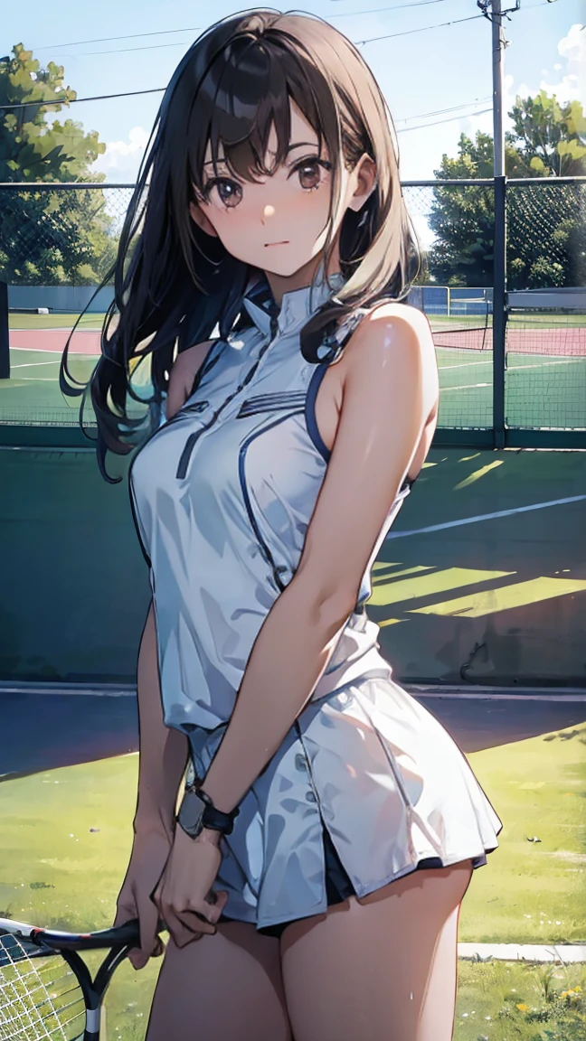 <lora:murakami_suigun_v0.1:1>
1girl, long hair, looking at viewer, bangs, blue eyes, skirt, shirt, black hair, ribbon, bare shoulders, hair ribbon, white shirt, ponytail, sidelocks, cowboy shot, pleated skirt, sleeveless, miniskirt, from side, grey eyes, white skirt, wristband, breath, white ribbon, tennis uniform, head tilt, large breasts, court, happy, dappled sunlight, light rays,, masterpiece, best quality, highly detailed