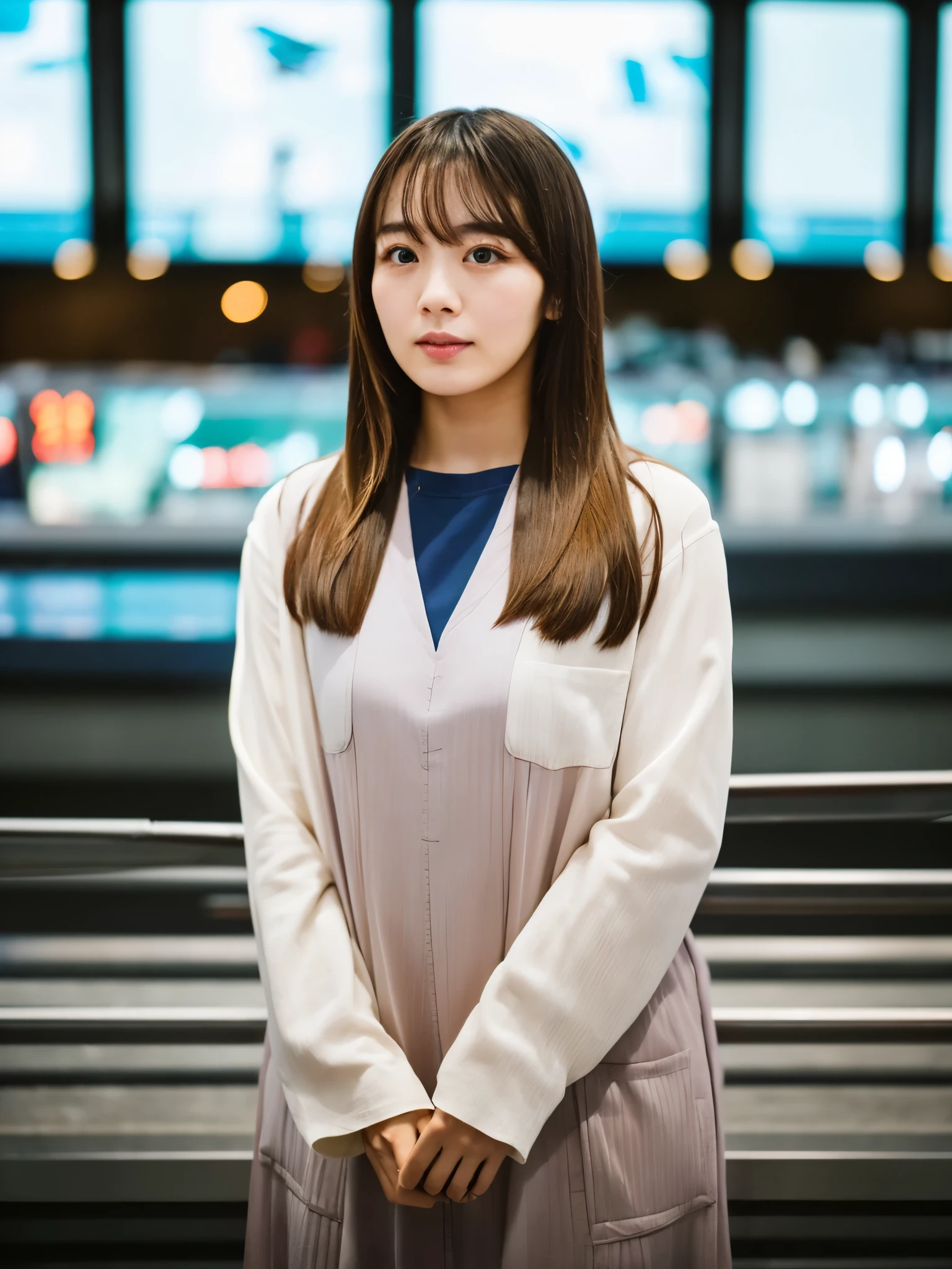 1 woman, Early 20s, (Strong-willed super beautiful Japanese woman), is standing, Wearing makeup, brown long hair, (Airport at night:1.1), Large windows at the departure gate, (Airplane from background window:1.2), Shallow depth of field