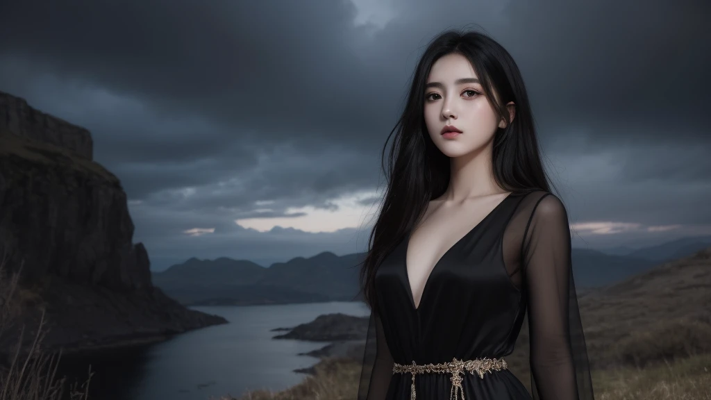 A 16k masterpiece, highest resolution, every detail, meticulousness, depth of field, bright colors, beautiful composition: a  girl with black hair and innocent eyes is so beautiful detailed, standing against a dark and ominous landscape. sexy silk dress outfit.