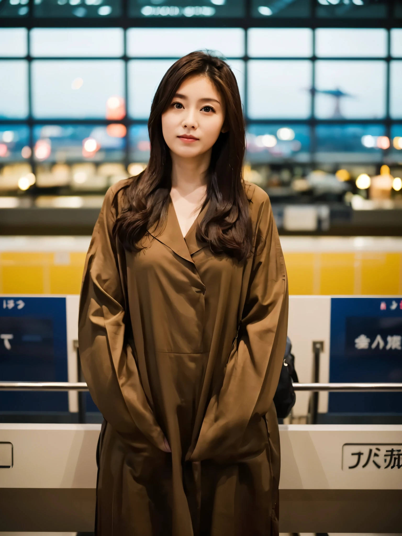 1 woman, Early 20s, (Strong-willed super beautiful Japanese woman), is standing, Wearing makeup, brown long hair, (Airport at night:1.1), Large windows at the departure gate, (Airplane from background window:1.2), Shallow depth of field