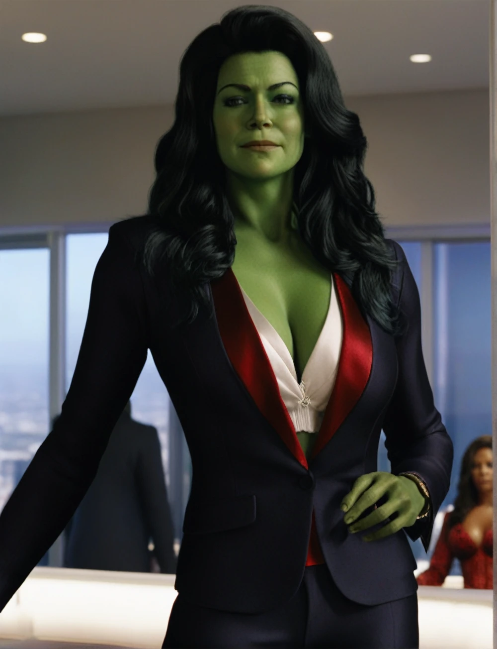 ((voluptuous cleavage:1.9)), green skin, a breathtaking cleavage, ample cleavage, generous cleavage, A full-body depiction of a seductive sexy ohwx woman with cleavage, a captivatingly seductive cleavage on full display, green skin, lustrous hair, ((ample voluptuous bosom:1.8, radiant large breasts:1.8)), an alluring ((Ravishing black suit with red silk shirt and white bra:2.0)), strategically open buttons to flaunt her cleavage, a mesmerizing seductive smile, an irresistible sultry expression, looking at the viewer, 4k, ultra high res 