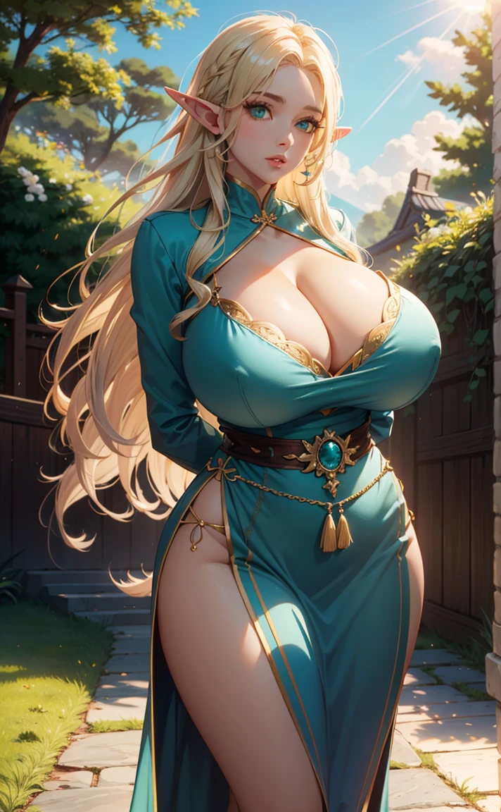 extreme quality, cg, (detailed eyes,and face), (bright colors), (アニメ), 1woman, (milf:1.2), impact, (Voluptuous:1.4), goddess, time stop, fantasy, (elf), (gigantic breasts:1.8), pointed ears, beautiful jewels, clouds, long curly ash blonde hair, (deep cleavage), masterpiece, Top Tier, extravagant, 8k, unity wallpaper, unreal engine 5, ray tracing, 8k, cinematic, varied depth of field, Octane Render, elegant, tone mapping, hyper focus, parted lips, (arms behind back:1.2), dappled sunlight, (spring), nature, white sun dress, full body photo, (morning glow), Curvaceous,(mint green eyes), horizon, picturesque scenery, deep cleavage, trees, looking at viewer, (forest),Navy blue lace long dress with embroidery,((Narrow waist,Thin thighs))、((Perfect Style:1.5))､