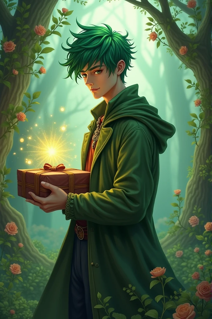 A guy with green hair holds a parcel from a fairy tale - SeaArt AI
