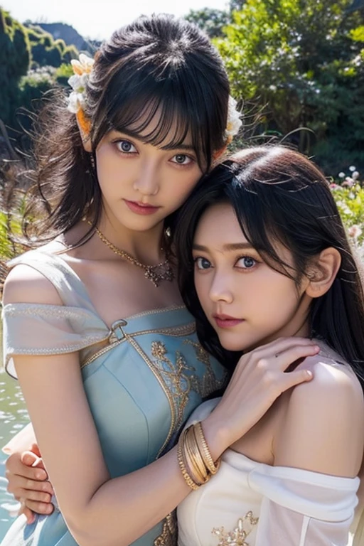 (Two beautiful teenage italian girls:1.6), Close friends, (They are hugging each other:1.2), Kiss her cheek or chest,(Detailed iridescent bodysuit with beautiful fractal or marble design:1.5)Incredible and spectacular scenes, ((High quality)), ((Detailed)), ((Fantasy)), Blue Plasma Brain, Green Plasma Body, Vulgarity, beutiful breast,  obscenity, (Lewd smile:1.2), coarse, Obscene, mean, (raunchy:1.2), (Immoral:1.2), Lachish, (small breasts with beautiful raised pink areolas:1.5), (Cameltoe), (Expression of ecstasy:1.2), Photorealistic, Official art, unity 8k wall paper, 8K Portrait, Best Quality, Very high resolution, (Incredibly beautiful nature background:1.6), (18 years old:1.5), (Sexy and glamorous:1.1), (A coquettish expression:1.6), (seductively smiling:1.6), (Full body), (erotic posing:1.6), (Model Posing:1.6), Beautiful seductive face, Portrait, (Thick eyebrows:1.4), (Big scarlet eyes:1.2), Beautiful eyes with fine symmetry, (Ultra detailed eyes:1.4), (High resolution blue eyes:1.1), Intimate face, (ultra detailed skin texture:1.4), White skin, pale skin, Perfect Anatomy, Thin, (Beautiful toned body:1.5), Hair Bow, (Moist skin:1.2), full of sweat, No makeup, (dark circles:1.1), Good anatomy, Focus Face, good-looking, (Emilia Clark:0.6) (Emma watson:0.3),(Jennifer Connelly:0.4), (sensual face:1.5), Elegant face, Nice, Dolce,  (Around her neck is a simple necklace of exquisite workmanship), (Bioluminescence with brilliant brilliance:1.4), (Luminous magic circle:1.5), Ruins of an ancient castle, Shining majestic cloud masses and sky, lightning bolt, Epic Realistic, (Greg Rutkowski:0.8), (teal and orange:0.4), (Art Station:1.5), Cinematic, (nffsw:1.5),  Hyper Detailed, Dramatic light, (Intricate details:1.1), Beautiful black hair,　(Wearing a gauntlet with a dense and very beautiful design decorated with jewels:1.1), small chest