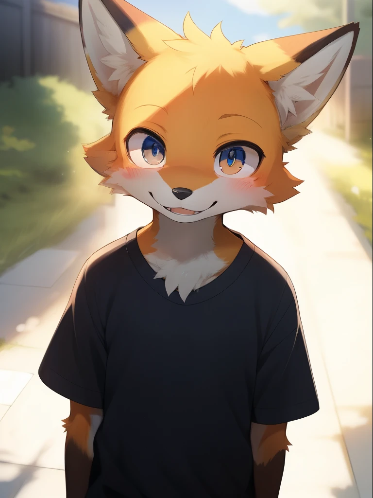 Anthropomorphic male fox with fox ears, snout, and tail. His fur is a vibrant orange, with highly detailed texture. He has perfectly proportioned anatomy with soft, adorable features, including a detailed mouth and expressive brown-colored eyes that reflect innocence. The eyes have consistent, intricate irises, giving a captivating look as he gazes at the viewer. Standing at 1.66 meters tall, this age fox is dressed in a baggy black t-shirt and grey shorts, exuding a youthful and carefree vibe. His paws and feet are also detailed, enhancing his charm, [by dagasi|ancesra:0.5].
