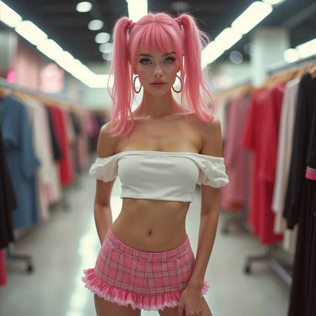 View into a candy store, Vintage-Stil, Focus on lollipops and chocolates, make a beautiful 18 year old girl, front view, she has long pink hair, She is a beautiful woman, glowing lips, pink color, large, blue eyes, beautiful and bright. she is in front