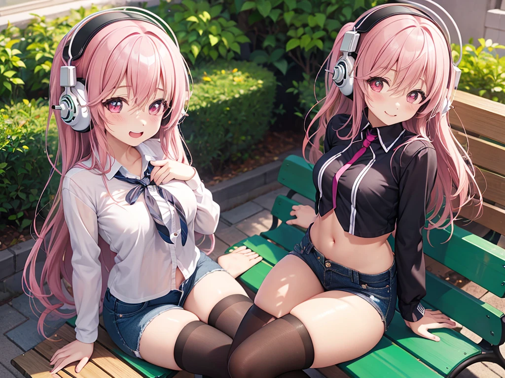 A beautiful anime girl, very beautiful face, happy face, happy smile , very long hair, pink hair, headphones, Red eyes, happy face, heart-shaped pupils, super sonic, very detailed eyes, sitting outside a school,view from above, beautiful body, small breasts, thin thighs, diaphragm, cropped blouse, shows the navel,short jeans, thigh high socks, beautiful female body, body 1:3 ,hands behind head,  a school, sitting on a bench, maximum quality, Perfect anatomy, masterpiece, HD, well detailed 
