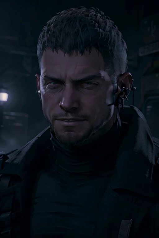 Dark gothic village in the background, old Chris Redfield from Resident Evil 8, 4, muscular male, tall and hunk, black cold turtleneck, straps, belt, earpiece, beard, handsome face, little smile, video games style, high resolution:1.2, best quality, masterpiece, dark nightime, dark atmosphere, volumetric lighting, shadow, potrait, face close up