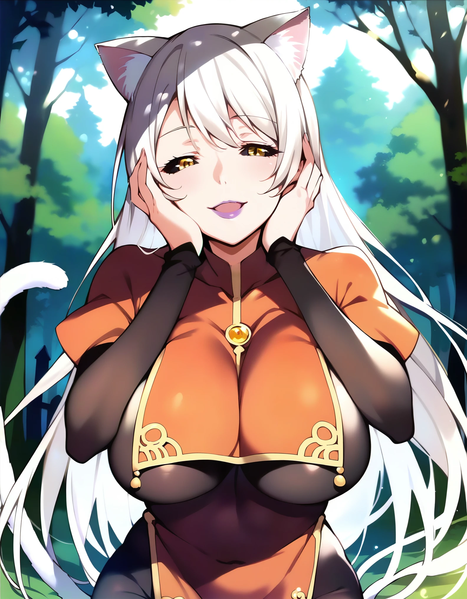 masterpiece, score_9, score_8_up, score_7_up, source_anime, best quality, extremely detailed, 1girl, milf, solo, monster girl, (nekomata:1.3), hanekawa, (large breasts:1.9), ((((white hair), very long hair, bangs, black sclera, yellow eyes, half-closed eyes, cat ears, white cat tail))), purple lips, (((bodystocking, tabard))), ((light smile), open mouth), ((motherly, hands on own face, forest, cemetery))