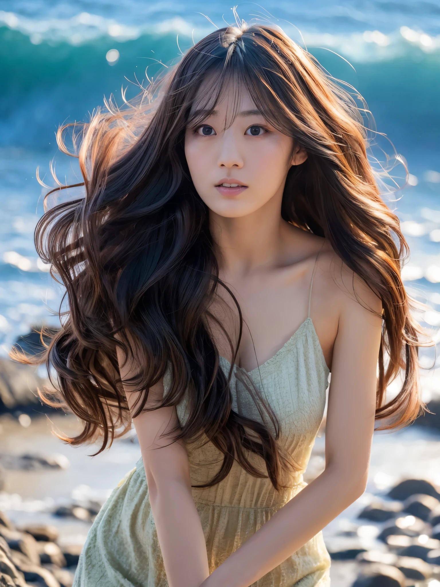 ((highest quality)),((masterpiece)),((Very beautiful)), Dramatic light and shadow, One girl, Japanese woman, 30 years old, slender body, wavy long hair, hair messy, Realistic skin texture, strong breeze, Rain, Rocky Shore, rough sea, Feminine pose