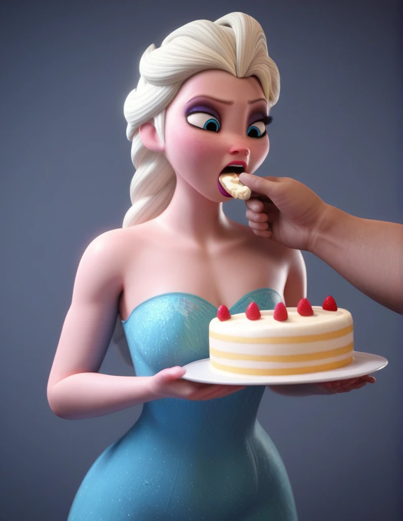 Tall Elsa , in the first picture she is in queen dress and skinny and in the next photo she is in queen dress and gained some weight and has a plump belly , wide elsa eyes, fat rolls,beely_grab, eating chocalate cake, 3D