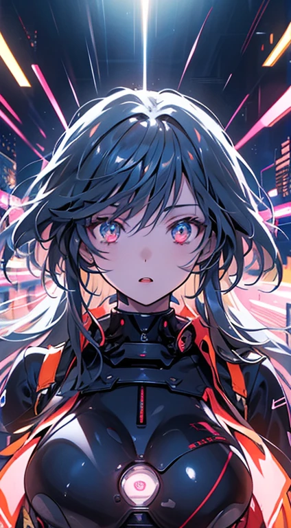 highest quality ,masterpiece, shape, Very delicate and beautiful, Very detailed ,CG ,Unity ,8k wallpaper, wonderful, finely, masterpiece,highest quality,Official Art,Very detailed CG Unity 8k wallpaper,Confused, incredibly Confused, Very detailed, High resolution, Very detailed,Beautiful detailed girl,The light shines on your face, 1 girl, red and black Mecha, armor wizard black, Mechanical_body, long Black Hair, Spaceship, city, cyber punk, red star, serious eyes, big tits, glasses, back cape,