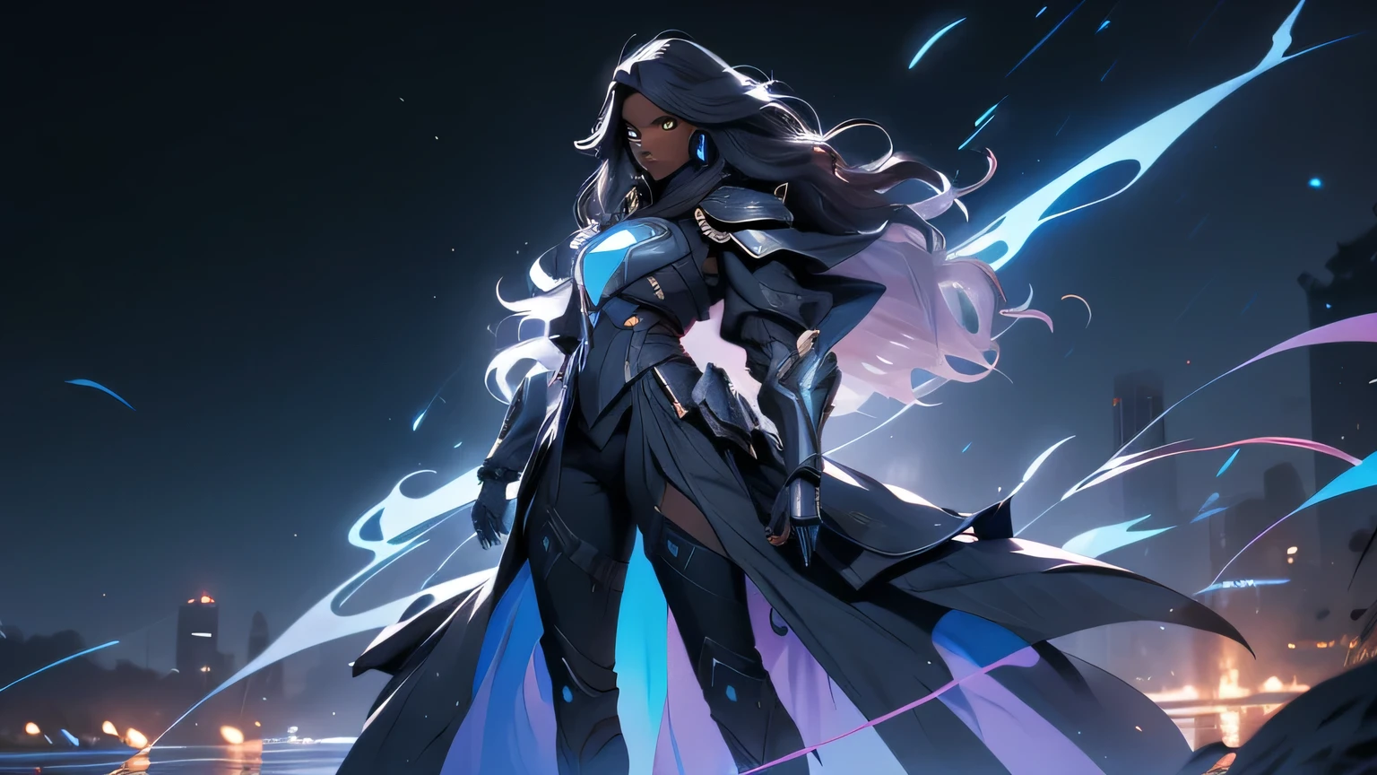 night sky in background, (((Full-length portrait))), full body portrait, Girl 1, (Dark skin:1.5), beautiful as super black girl 8k, ((masterpiece, best quality)), Epic battlefield atmosphere，Water Ripples，Delicate face，Depicts a beautiful knight with long hair, Flowing white hair，whole body，Standing picture，Shining blue eyes，She was wearing white armor，Perfect body proportions