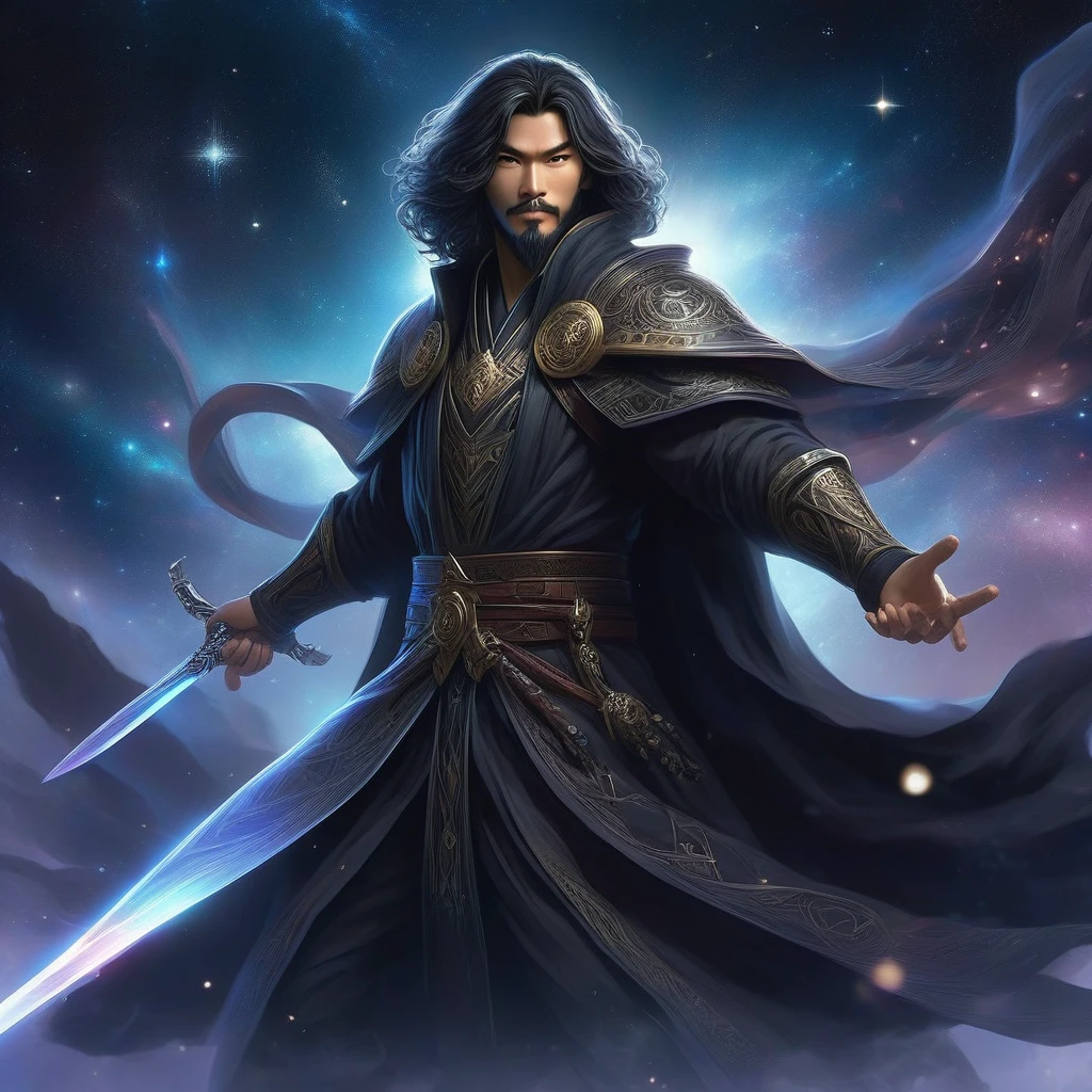 "young man in his 20s, magical aura, Austrailian and asiain facial features, large chin, sharp kept beard, wearing a black cloak filled with stars, swirling cosmic patterns, holding a short bone white sword, battle stance, large grin on his face, grin exuding both friendliness and danger, youthful yet powerful presence, cloak shimmering with the galaxy, intricate cosmic details in the fabric, [deadly but approachable], [cosmic warrior], [mystical aura], [dynamic pose], [intense yet friendly expression]"