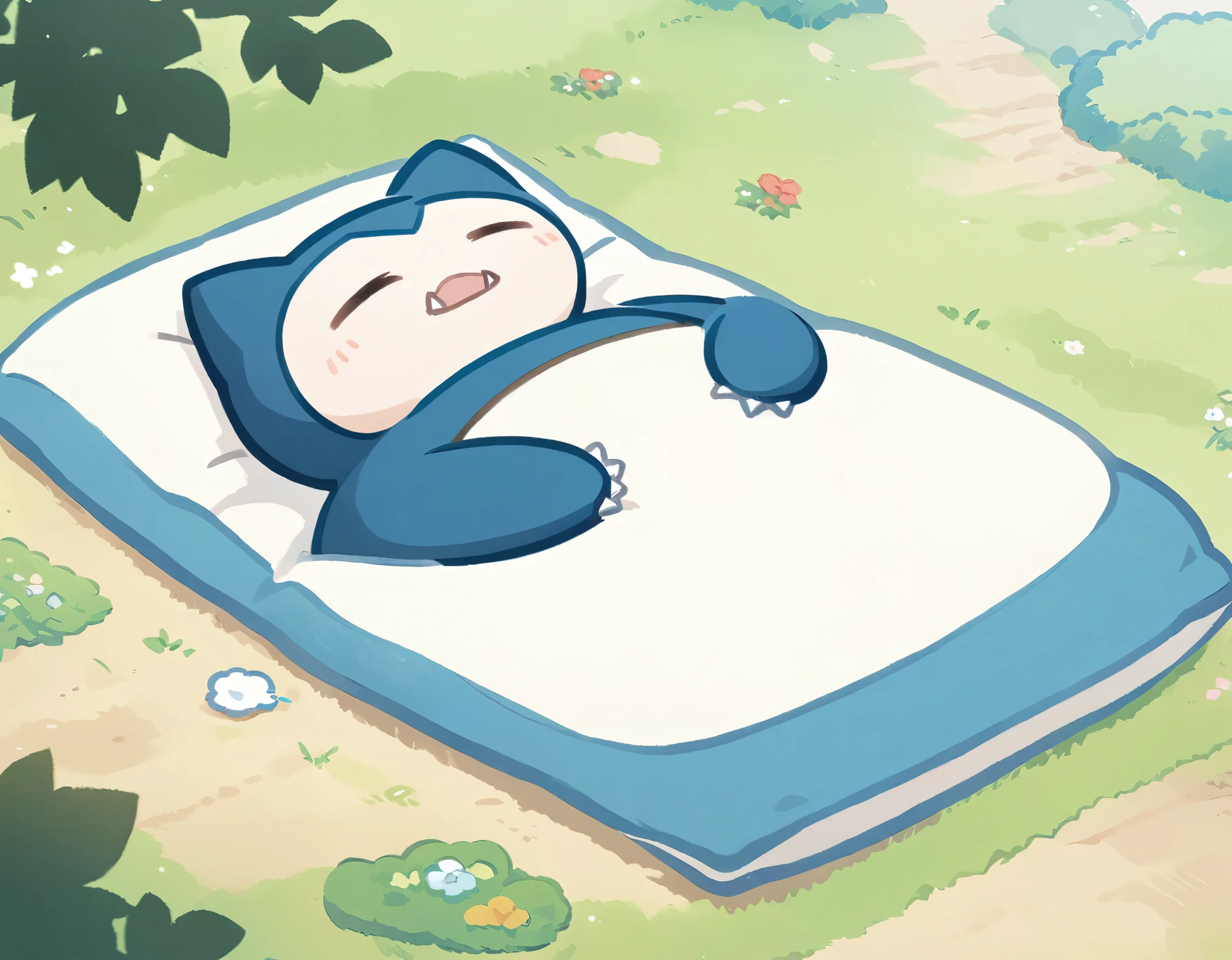 Pokémon, Animated illustration of a Snorlax sleeping on a futon in an empty field,