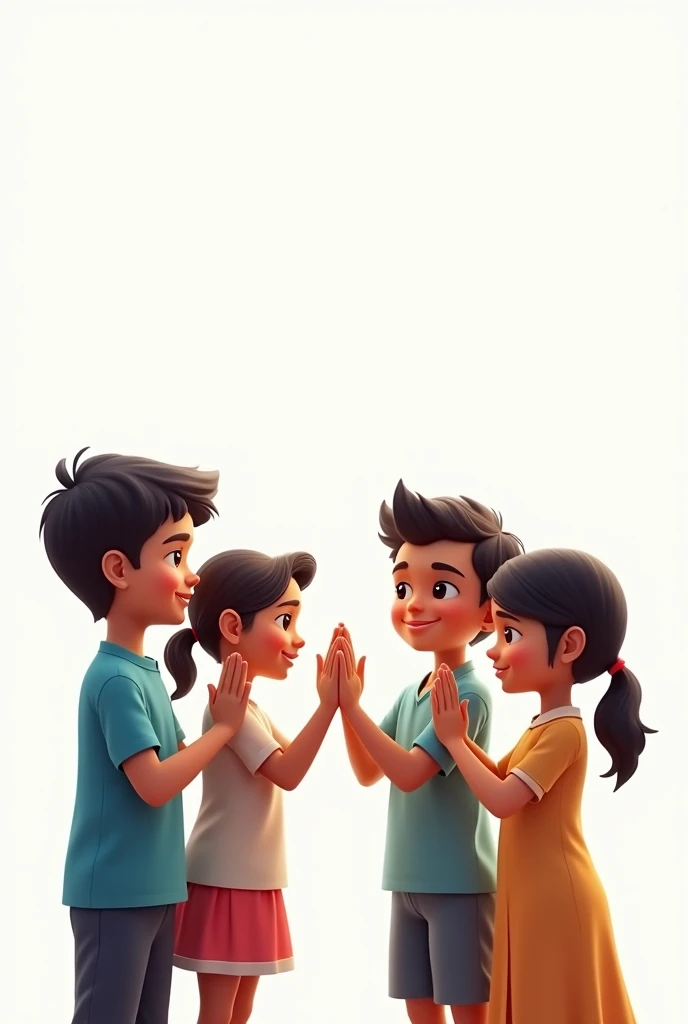 illustration, Bolivian indigenous children aged 10, together with 10 year old children, whites, holding hands raising hands happy