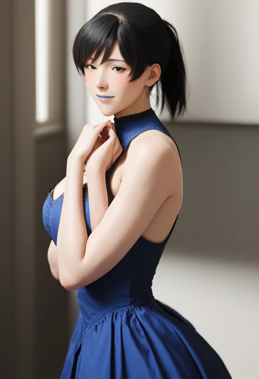 Hibiki Tsukahara, black eyes, black hair, ponytail, narrow eyes, slanted eyes,Large Breasts、Blue Lip、Blue Eyeshadow、hoopdress、Sexy pose, Seductive pose,Full Body Shot、Are standing、View your viewers, Captivating smile、blush、church