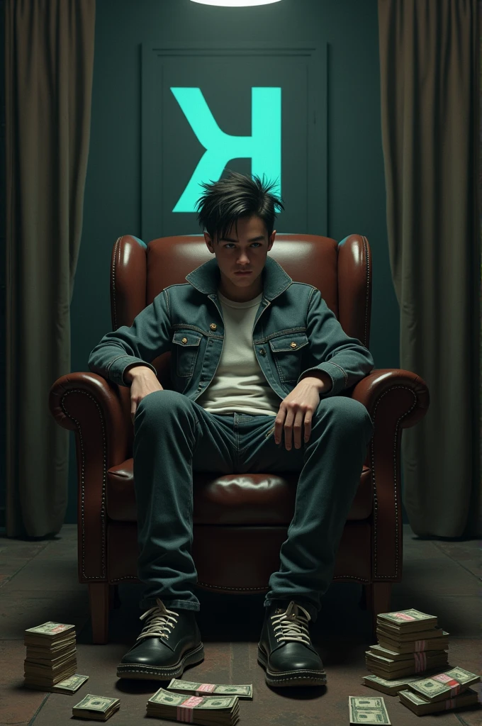 A slow tracking shot to a silhouette of a young man with dark haired and reptilian blue eyes sitting in a black leather armchair, eyes glazed over, surrounded by the arms of plastic mannequins. His white T-shirt is stained with black oil. The scene takes place in a dark room, filled with smoke and red light. The only thing in the room is this neon light, sizzling at an ever-increasing pace. The atmosphère is dark and mystical.