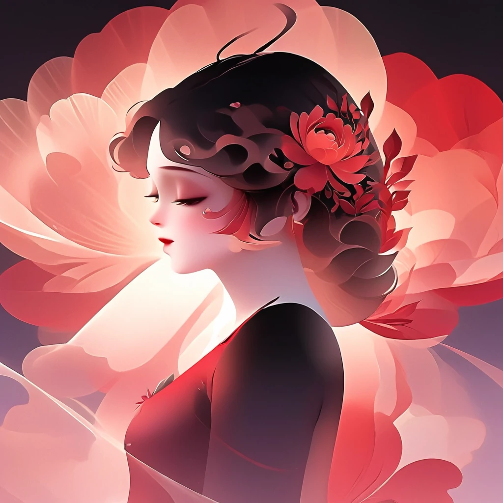 (masterpiece, best quality:1.2), 1 girl, solitary,Pretty Face，Red Fatism Art Nouveau，Illustration style，Black and red，Flowers