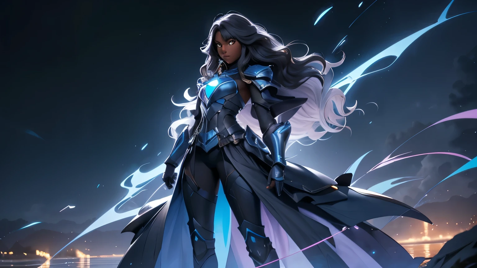 night sky in background, (((Full-length portrait))), full body portrait, Girl 1, (Dark skin:1.5), beautiful as super black girl 8k, deep ebony 1girl, beautiful face, wavy hair, ((masterpiece, best quality)), Epic battlefield atmosphere，Water Ripples，Delicate face，Depicts a beautiful knight with long hair, Flowing white hair，whole body，Standing picture，Shining blue eyes，She was wearing white armor，Perfect body proportions