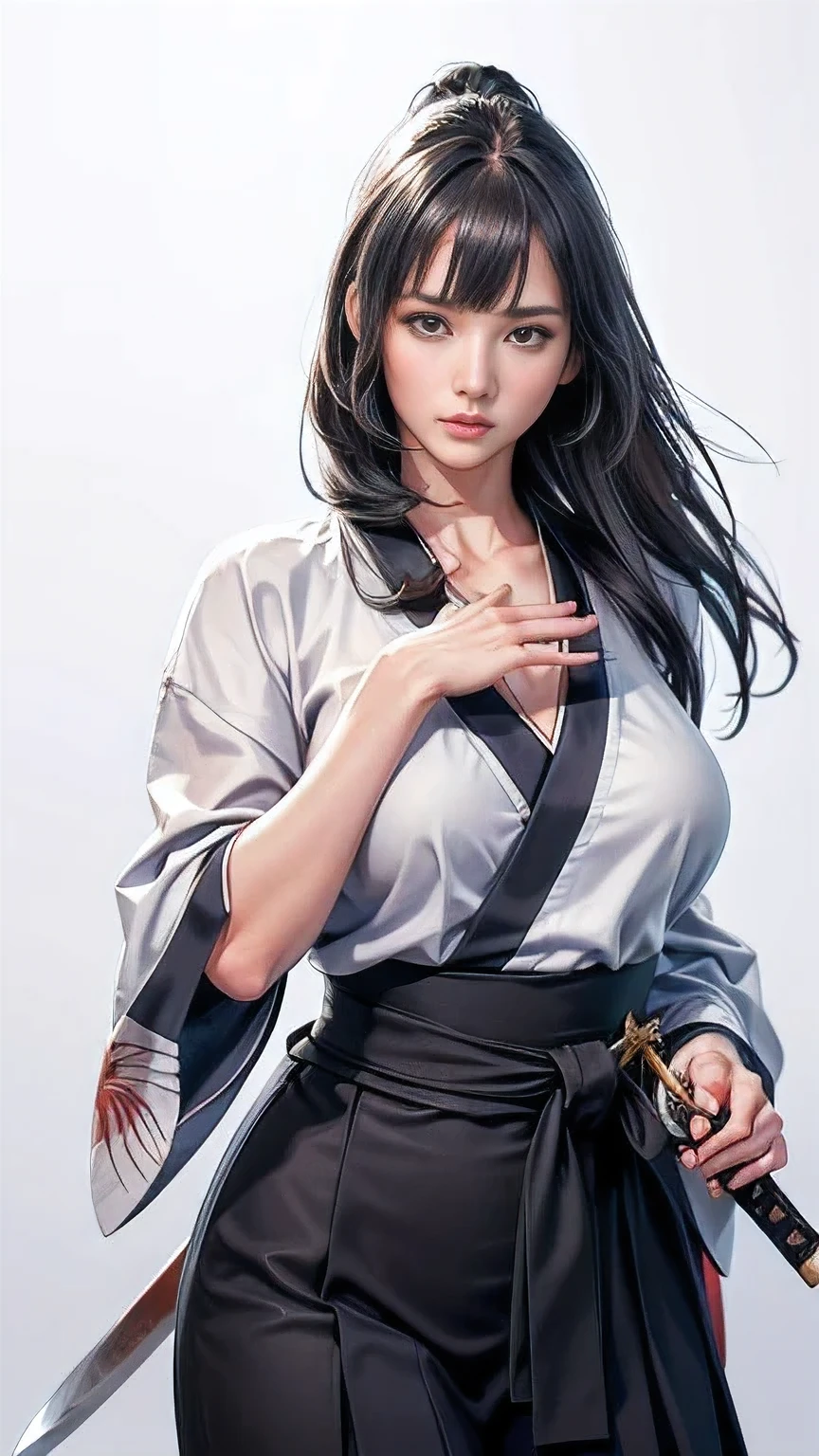 Cowboy Shot、((White Background))、One Woman、Very beautiful woman、Slender women、Thin eyebrows、Watery eye、(Warrior:1.2)、Big Breasts、Open the chest、(Detailed face)、Realistic Skin、((Delicate photo)),(Girl Astepeace RAW Photo Details:1.25), (Highest quality:1.6), (Ultra-high resolution:1.5), (Realistic:1.75), 8k resolution, absurdes, Very detailed,Cinema Lighting,(Sengoku period)、((Long hair with bangs))、(((A Japanese knife)))、(((Grab the knife:1.3)))、In combat、The wind is blowing、Worth a thousand Warriors、kimono、A proud woman beloved by the God of War rules the battlefield with her sword in hand..、1 Woman Standing, ((pulling Japanese sword from sheath on waist)), (Shiny purple kimono) 、(Black Hakama), Mature Woman, Cool look, (Holding (knife:1.2)), ((((The blade shines)))), (Holding sword sheath:1.5) , Japan
