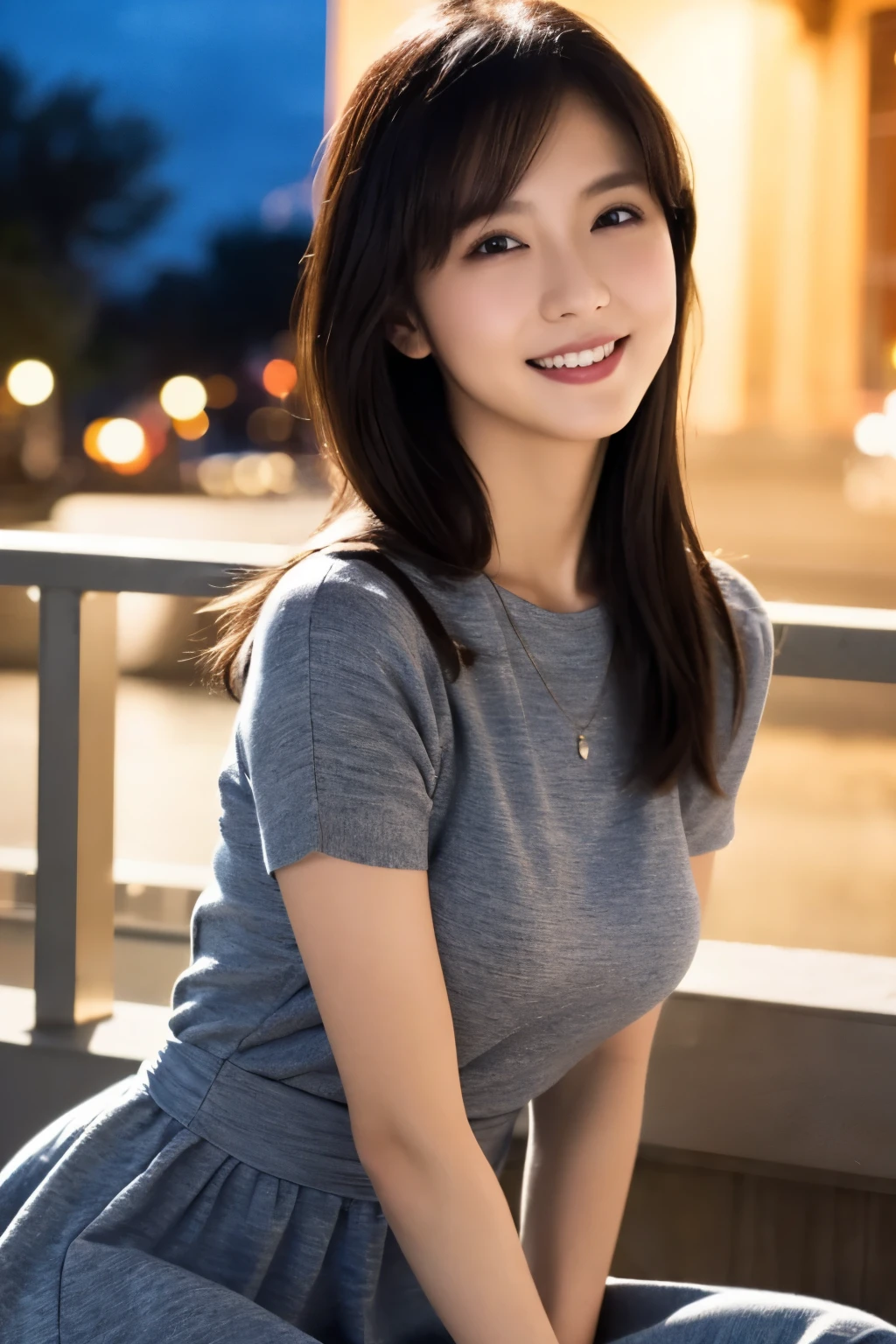 1 girl, (Wearing a gray dress:1.2), (Supercluster), Very beautiful Japanese idol portraits, 
(RAW Photos, Highest quality), (Realistic, Realistic:1.4), (masterpiece), 
Very delicate and beautiful, Very detailed, 2k wallpaper, wonderful, finely, Very detailed CG Unity 8K wallpaper, Very detailed, High resolution, Soft Light, 
Beautiful detailed girl, Very detailed eyes and face, Beautiful and sophisticated nose, Beautiful and beautiful eyes, Cinema Lighting, 
(Fashion magazine photography:1.3), (Outdoor), (night lighting), (Waterfront), 
(Semi-long hair), 
Complete Anatomy, Slender body, Large Breasts、 smile