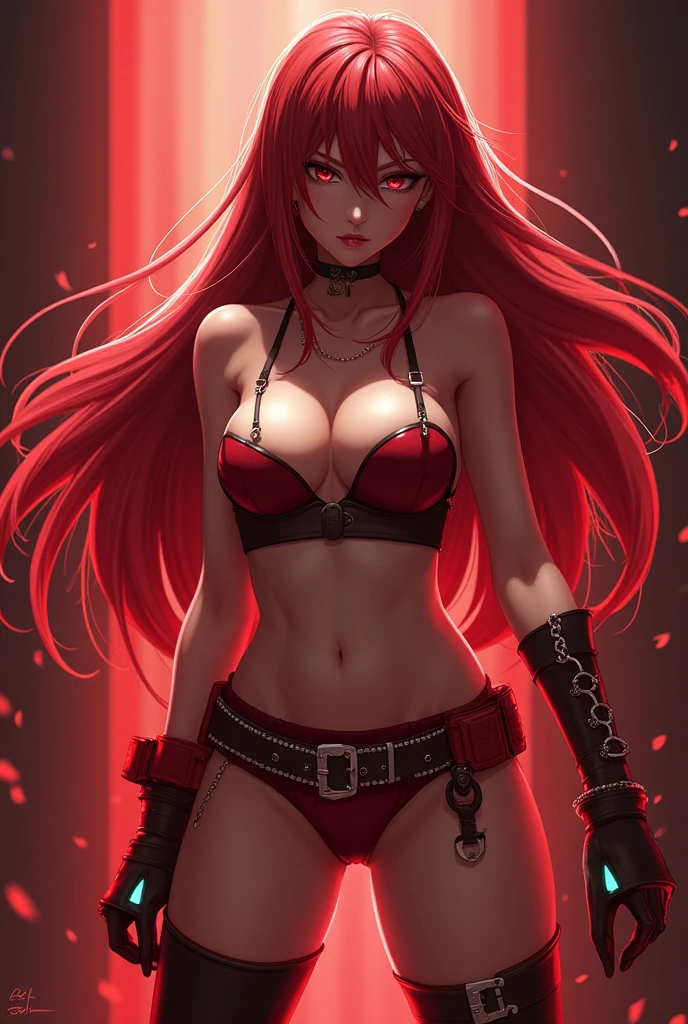 
Anime girl without a bra with bandages binding her breasts in an X shape black pants jacket on top eye patch black and red hair big breasts