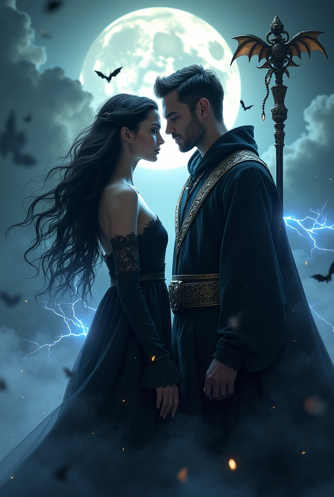 A dark, symbolic scene depicting a man and woman influenced by the Jezebel spirit. The man has a cold, controlling expression, with shadows and serpents coiling around him. His eyes faintly glow with a manipulative light. The woman, dressed in sinister, regal attire, has a haughty, cunning look, her eyes glowing red. Ghostly hands reach from the shadows around her, symbolizing control. Both figures emanate an eerie glow, set against a stormy, lightning-filled sky, representing their spiritual co