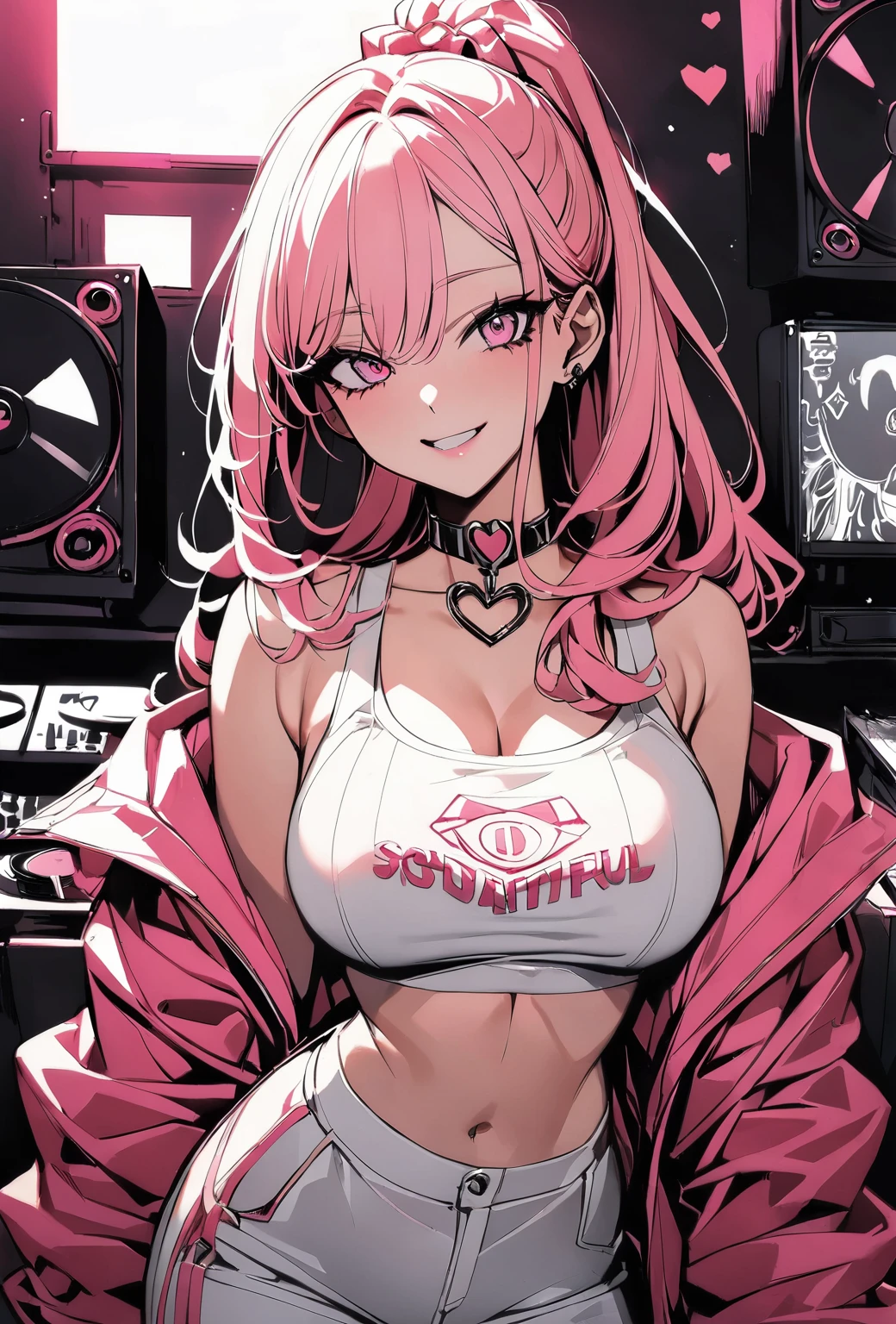 (highest quality:1.2, Very detailed, Latest, Vibrant eyes, Super detailed, High Contrast, masterpiece:1.2, highest quality, Best aesthetics, aesthetic: 1.2), woman, Pink Long Hair, Beautiful breasts, , (Pink detailed eyes, Beautiful Eyes), smiling playfully,  (Pop Art), colorful, , modern outfit, confident, silly