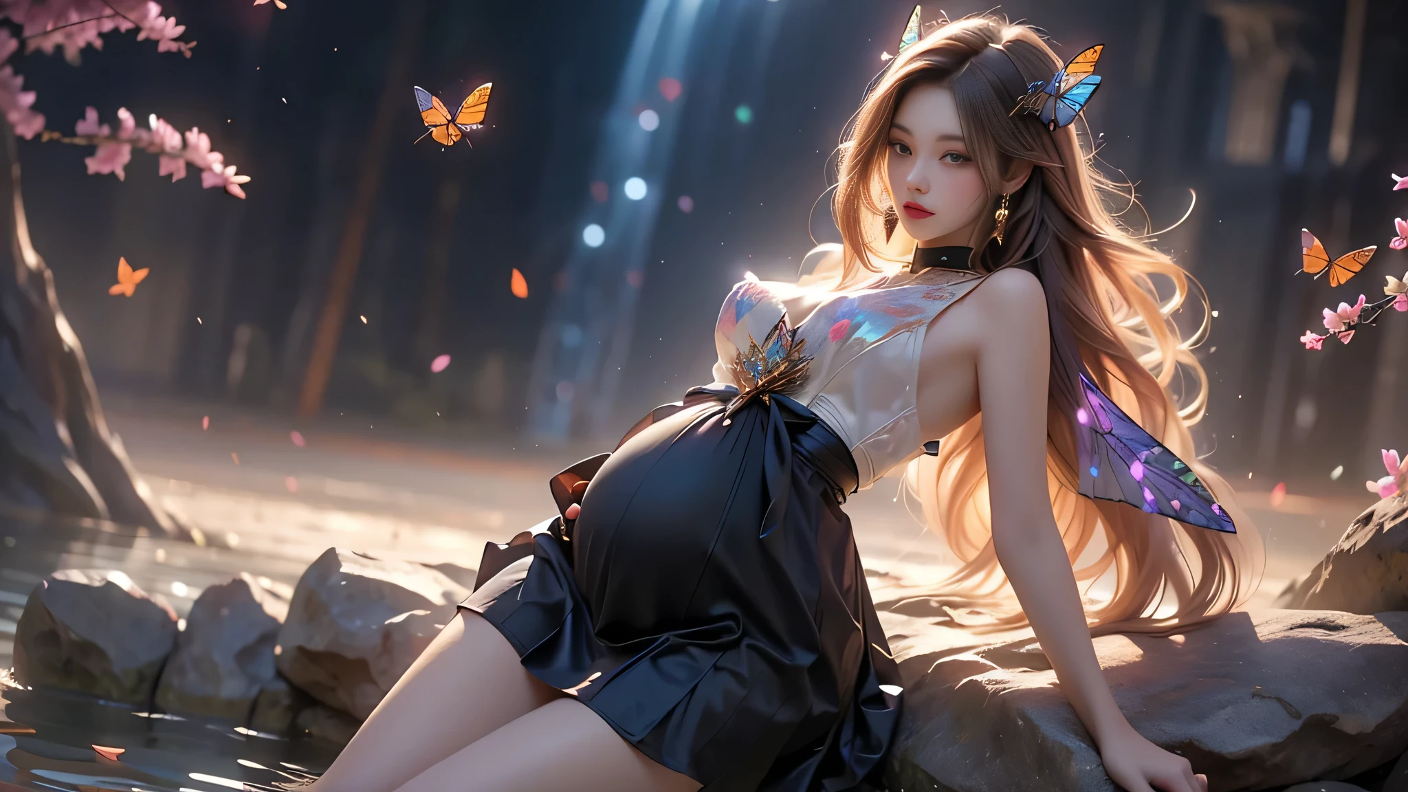 ((ethereal, celestial, otherworldly, transcendent, delicate, mystical):1.4) ,from front ,Magical Lights, Whimsical, Enchanting, intricate, highly detailed, sharp focus, realistic, 8k, (22 years old), american girl, ((red hair)), ((upskirt, skirt, from below)), (good quality:0.996), ((black printed panties, cameltoe:1.2)), squatting