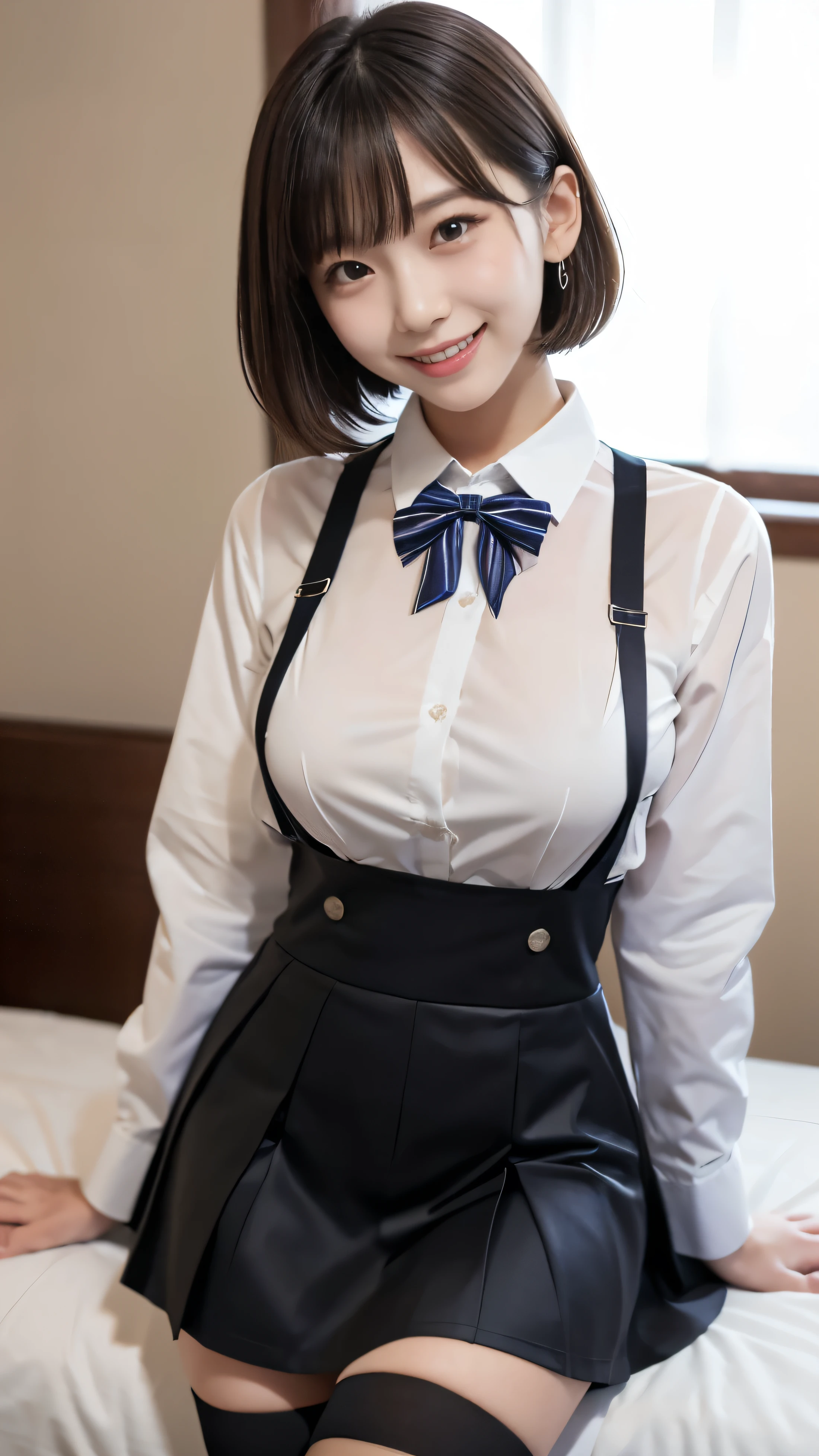 (masterpiece:1.2), Japanese, (), (A girl),  (Collared shirt), (skirt), thigh, (bow tie), Room, Smile,Mouth open , Huge bust，Exposing breasts，Legs apart，Tight clothing，Put your hands behind your back，Black suspenders，Little mouth，Transparent shirt，Raised areola，