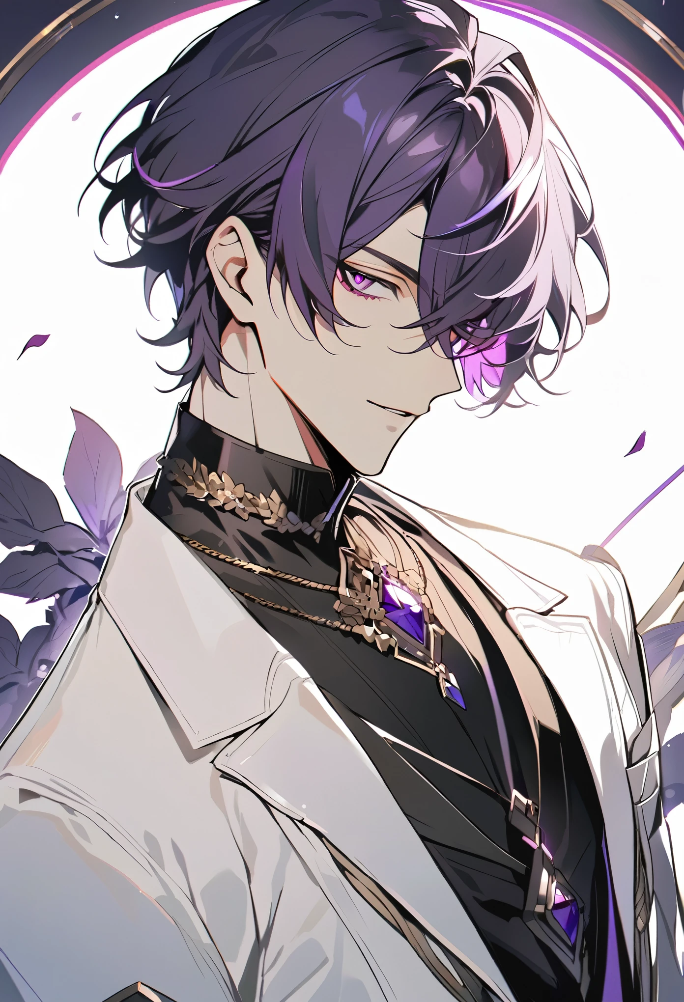 Anime - style image of a man with purple hair and a white jacket ...