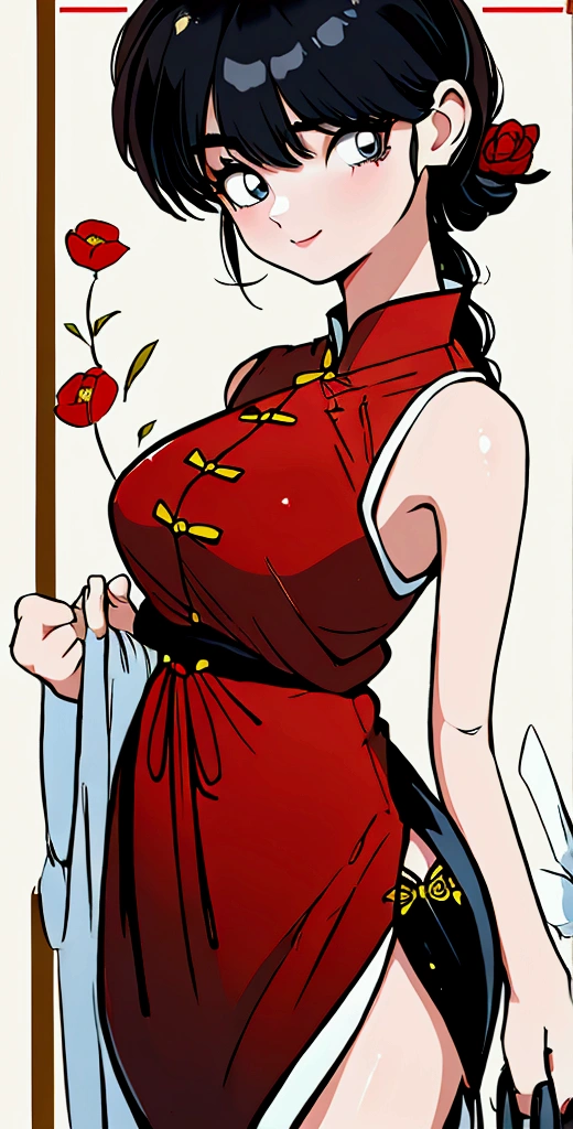 Create Female Ranma(1)(Female Ranma Avatar),happy smile,face the camera,One foot is slightly bent and pressed against,The calf of the other leg is slightly raised to make a small triangle.。Clear contours, Color full-body photo, (beautiful and delicate eyes), (Nice face:1.3), childish face, long black hair, bumpy bangs,big eyes,Plump upper circumference,(Wear Chinese Silk Sleeveless Cheongsam),Fitted red smooth cheongsam(Embroidery dark flowers) (The actual upper and lower body clothes are:3.7 scale)。