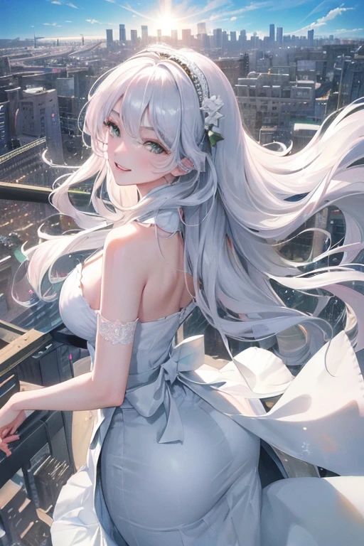 official art, masterpiece, sharp focus, (Beautiful gorgeous lovely Korean women:1.3), (beautiful and cute korean:1.3), Korean beauty, exquisite beautiful hair、eyes and face, actual, Super detailed, beautiful girl, blue sky, Luminous white particles, (side light:1.2), sunshine, Baiyun, Detailed cloud, thin and long, Lovely big breasts and big butt, smile with teeth, ((smile with eyes, open your eyes)), landscape, long, straight hair, sexy facial expression, architecture, (city View:1.7), dynamic hair, very long, straight hair, Delicate platinum silver hair, glowing green eyes, Short pink skirt, white stockings, pale skin, hair accessories, epic landscape,High heel