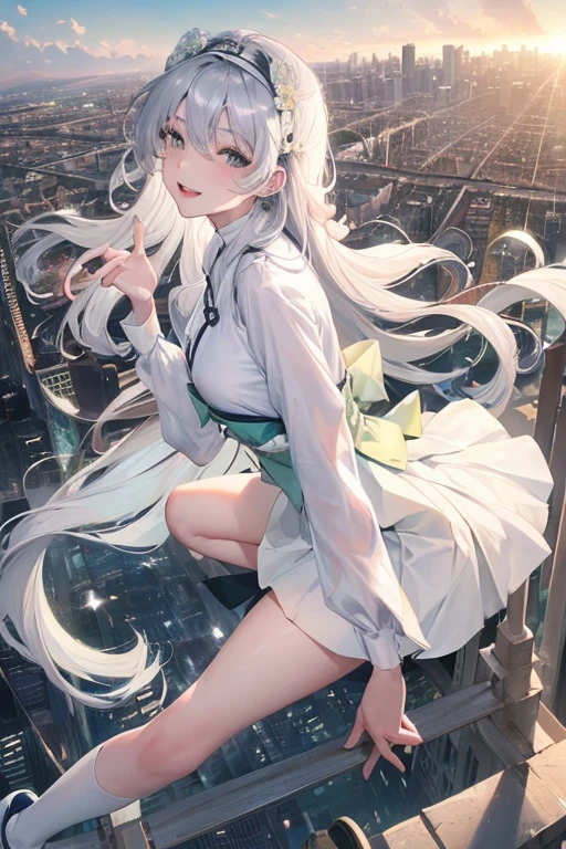 official art, masterpiece, sharp focus, (beautiful gorgeous cute korean woman:1.3), (beautiful cute korean:1.3), Korean beauty, delicate beautiful hair and eyes and face, realistic, super detailed, beautiful girl, blue sky, glowing white particles, (side light:1.2), sunlight, white clouds, detailed clouds, slender, cute girl, smile with teeth, ((smile with eyes, open eyes)), landscape, long straight hair, sexy facial expression, architecture, (City view: 1.7), Dynamic hair, Very long straight hair, Detailed platinum silver hair, Glowing green eyes, (pink pleated shirt + yellow skirt), White stockings, Pale skin, Hair accessories, Epic landscape,