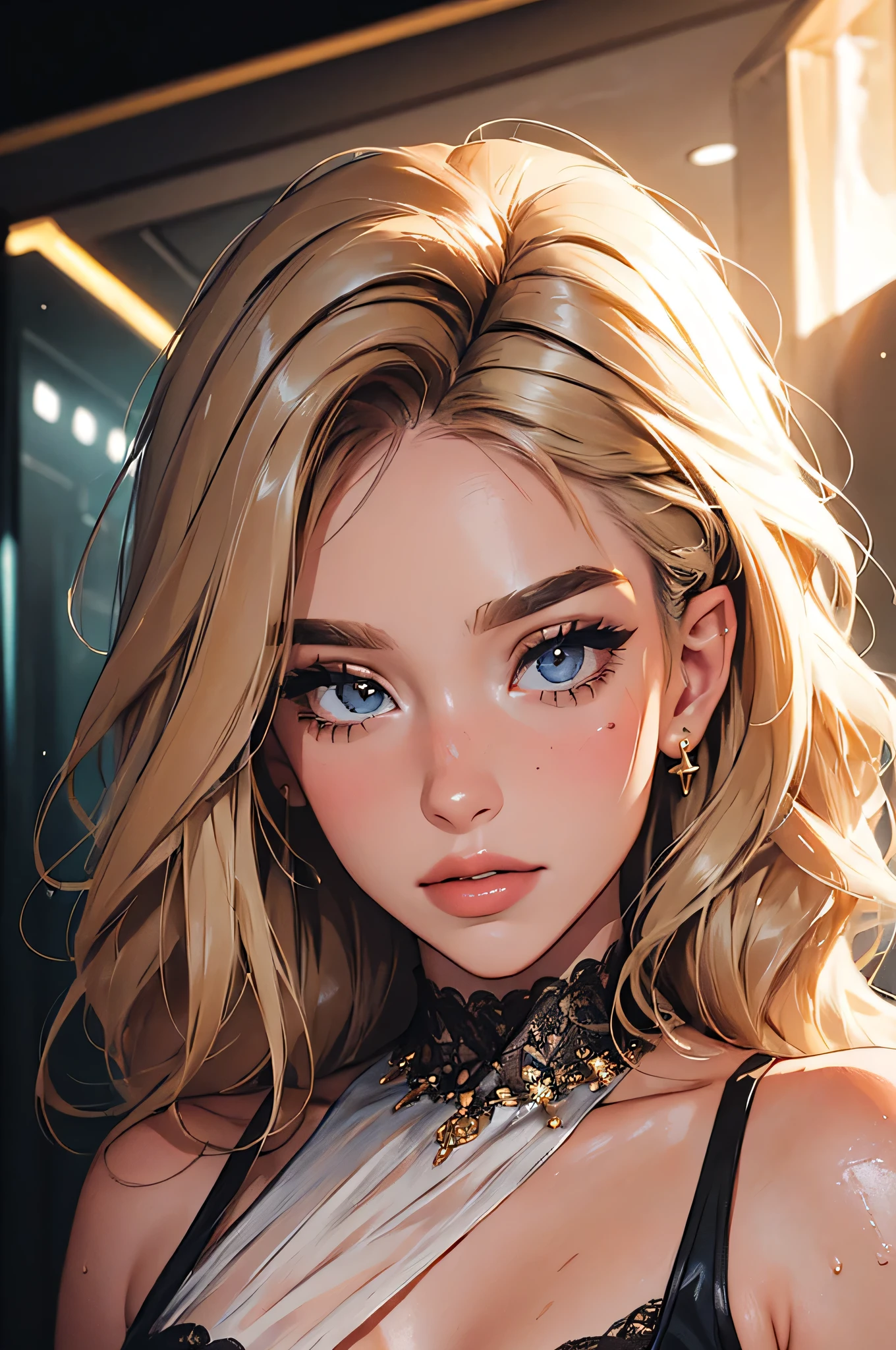 ((((masterpiece, best quality, high resolution)))), Extremely detailed 8K, Beautiful girl with slender body, e-girl, (Ultra HD, Ultra-detailed, Highly detailed, Highly realistic, Ultra-realistic, photograph realistic), (1girl:1.5), (Realistic blonde hair with dark roots), wavy hair, boho bob cut,(dark makeup, pink eyeshadow), facing at camera, light smile, (white and gold outfit, see through clothes, wet skin). (space cruise)