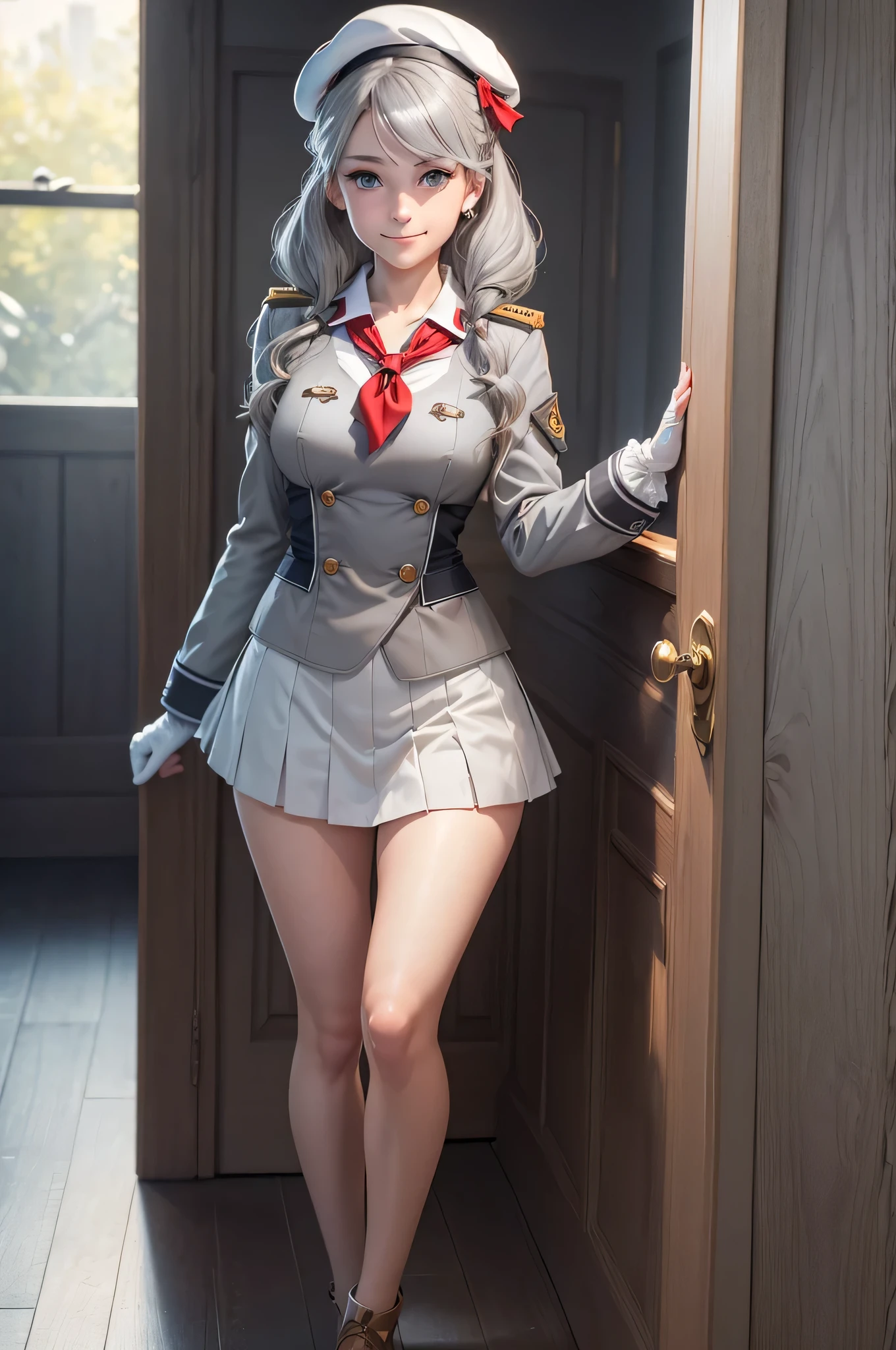 Excellent, masterpiece, white hair, golden eyes, female teacher suit, looking up, hair, fair skin, side braids, legs open