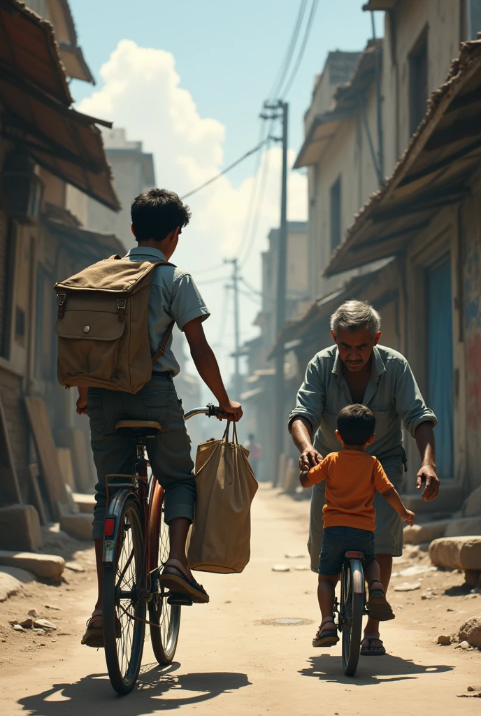 A young father riding a foot bicycle, a box on the back of seat and two boys run with him happily towards the poor home in a village back view