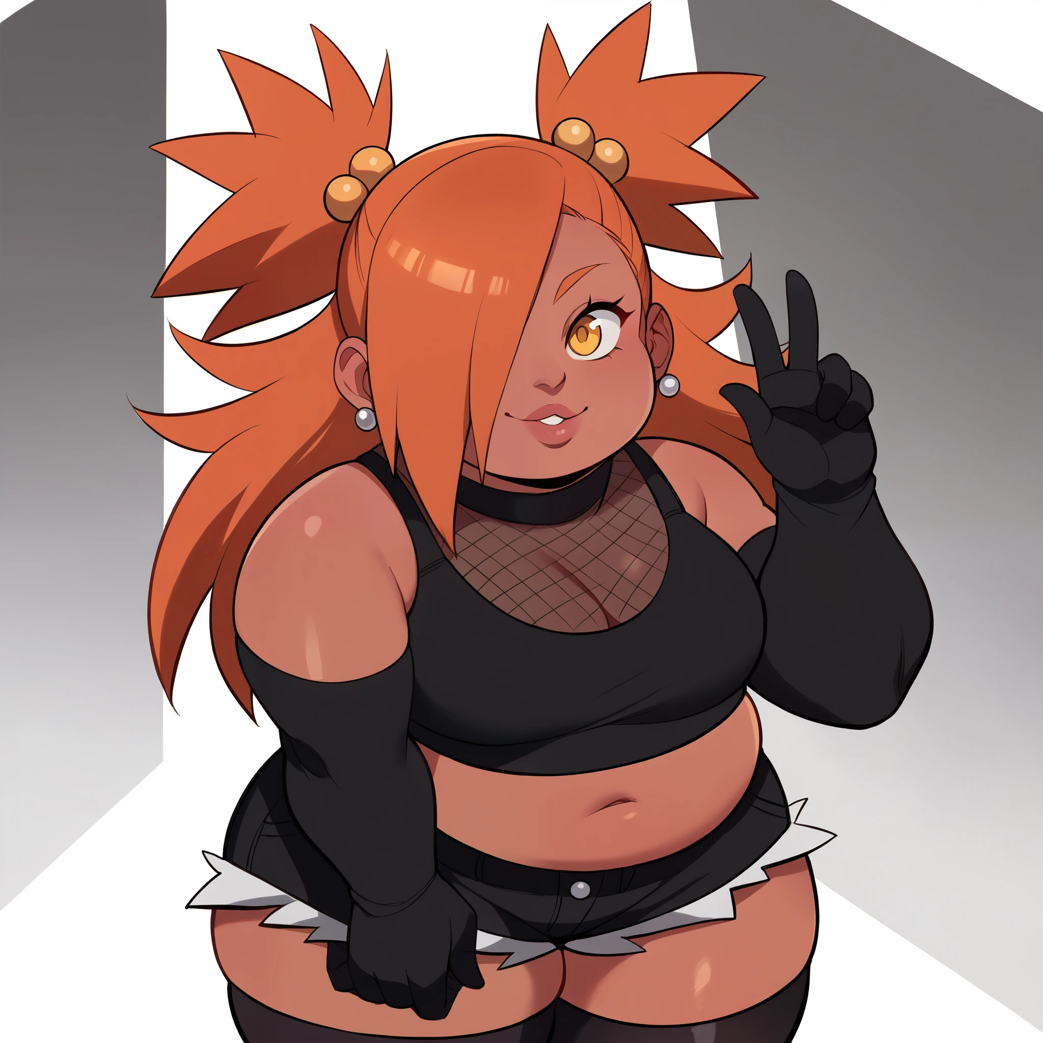 score_9, score_8_up, score_7_up, score_6_up, score_5_up, score_4_up, source_anime, rating_safe, BREAK chouchou akimichi,1girl,dark-skinned female,curvy,fat,orange hair,hair over one eye,two side up,long hair,yellow eyes,hair bobbles,jewelry,earrings,black bra, black shorts,black long gloves,black thighhighs