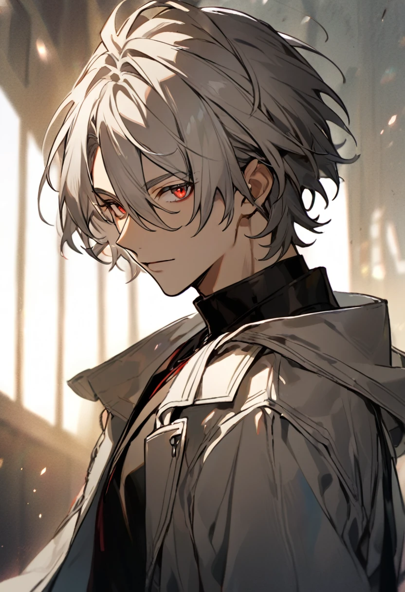 solo, handsome, 1 male, short hair, white hair, red eyes, black shirt, white coat