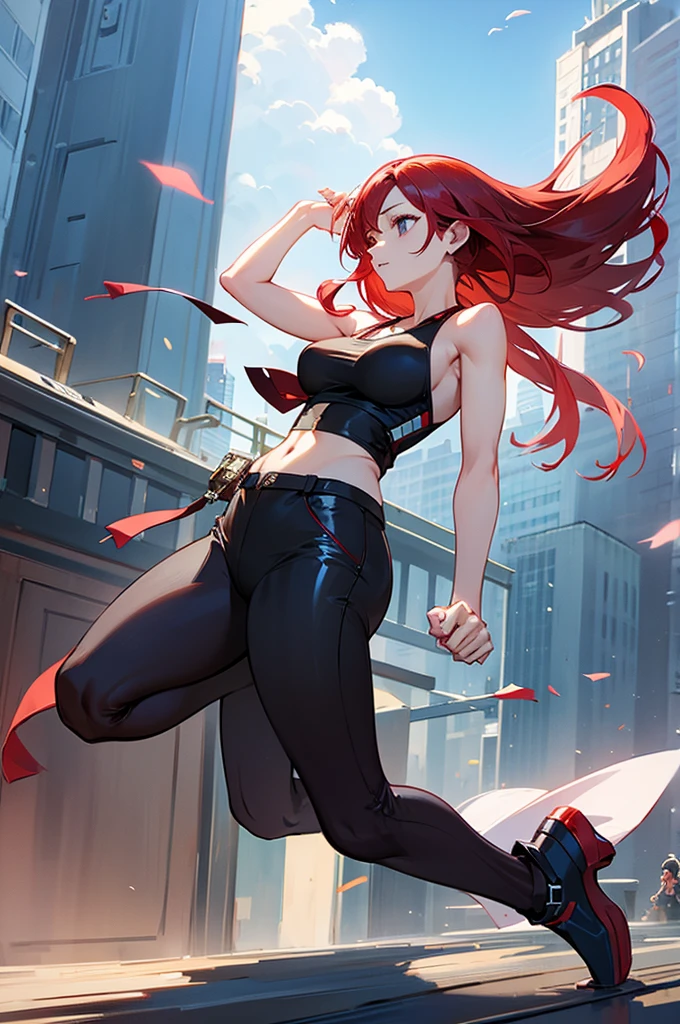 parasoul, 1girl, solo, long red hair, black clothes, umbrella strike, spinning strike, in combat, movement, fire, very short dress, elegant, detailed background, battlefield, fencing pose, focus on face, dynamic camera