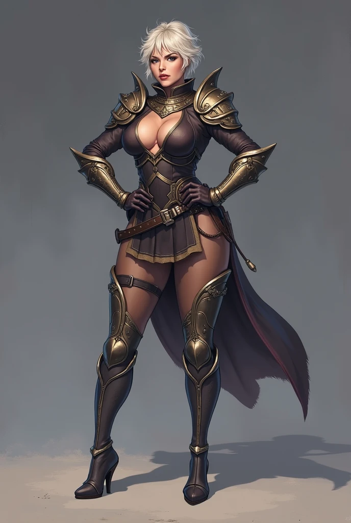 ((masterpiece, white background:1.2)) full body of a woman, standing feet together, extremely long hair, ponytail, perfect anatomy 1sologirl, tall slim thick ((muscular)) high elf toned body, silver breast plate, blue cape, slender abs, hourglass waist, detailed face, defined cheekbones, puffy lips, red gloves gauntlets, gold crown, shadow over eyes, looking at viewer view from below, white thigh highs lingerie