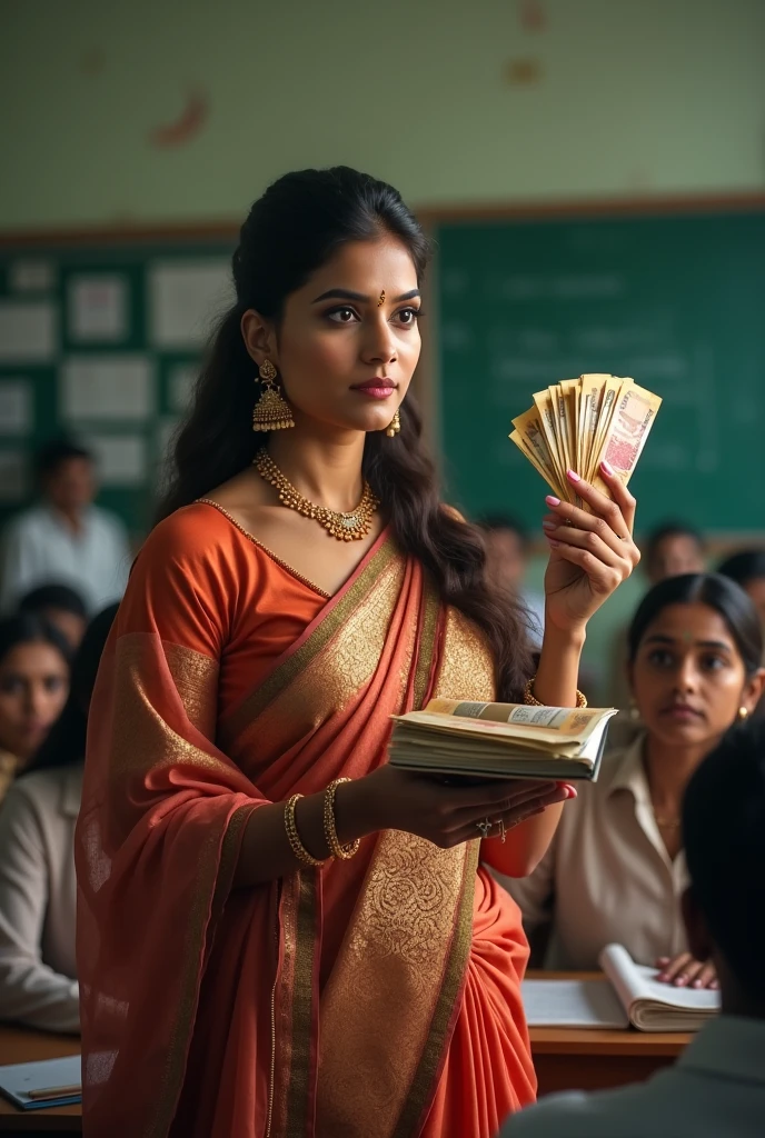 A indian short girl in type writing class with knit long hair, wear saree 
