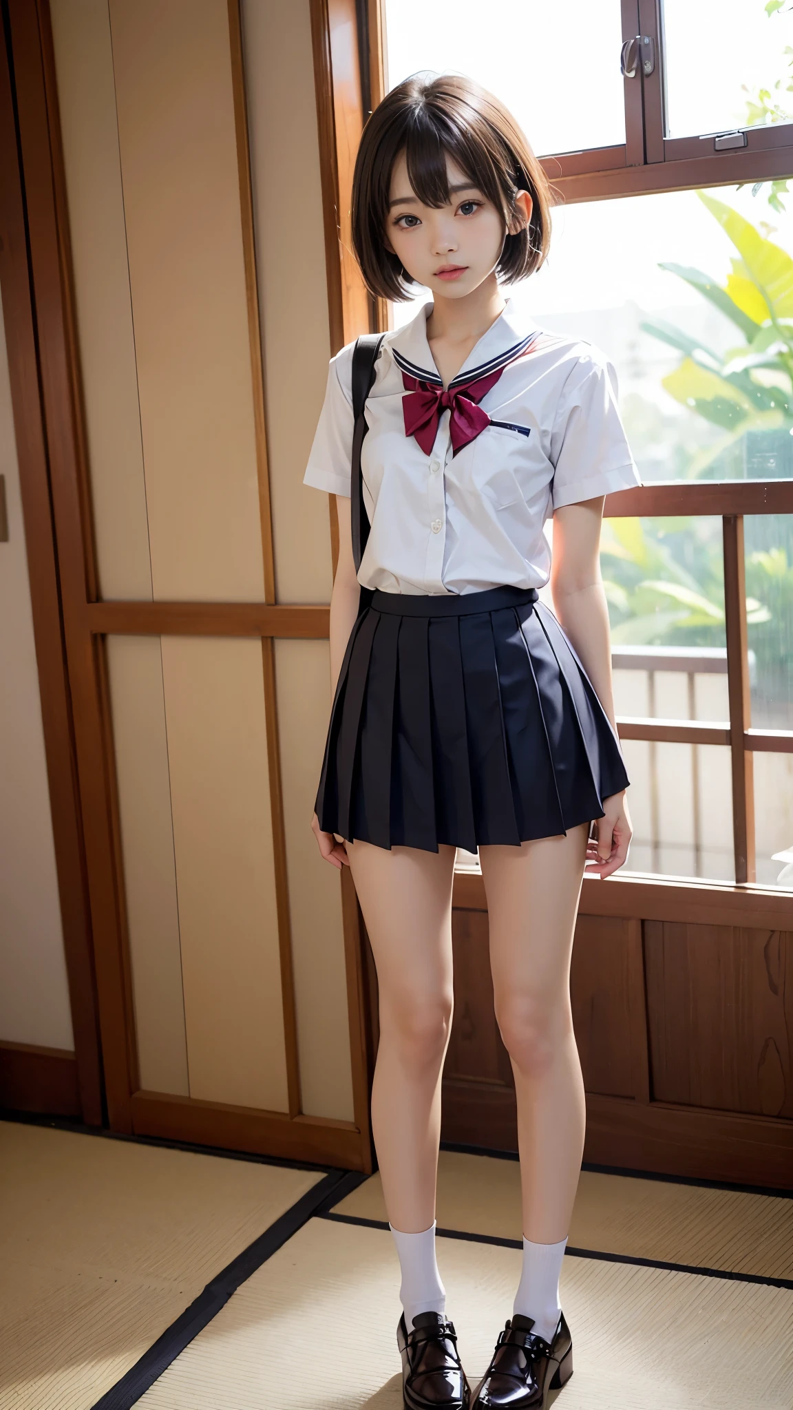 8k,cinematic lighting,top-quality,Top image quality,masterpiece,best quality,depth of field,ultra-detailed,from below,Standing,mideum shot,full body,1girl,Japanese,32 years old,(Gyaru:1.2),(Black hair,very short messy bobcut:1.2),(Oval light brown cell frame glasses:1.2),detailed brown eyes,(slender body:1.2),((flat chest:1.5)),slightly large hip,(tanned skin), (School Rooftop:1.1),sunset,magic hour,smile,(blushing:1.4) JP SCHOOL UNIFORM,face,looking at viewer,no bra,nIpples_visible_through_clothing,(dark check skirt),school tie,white shirts,