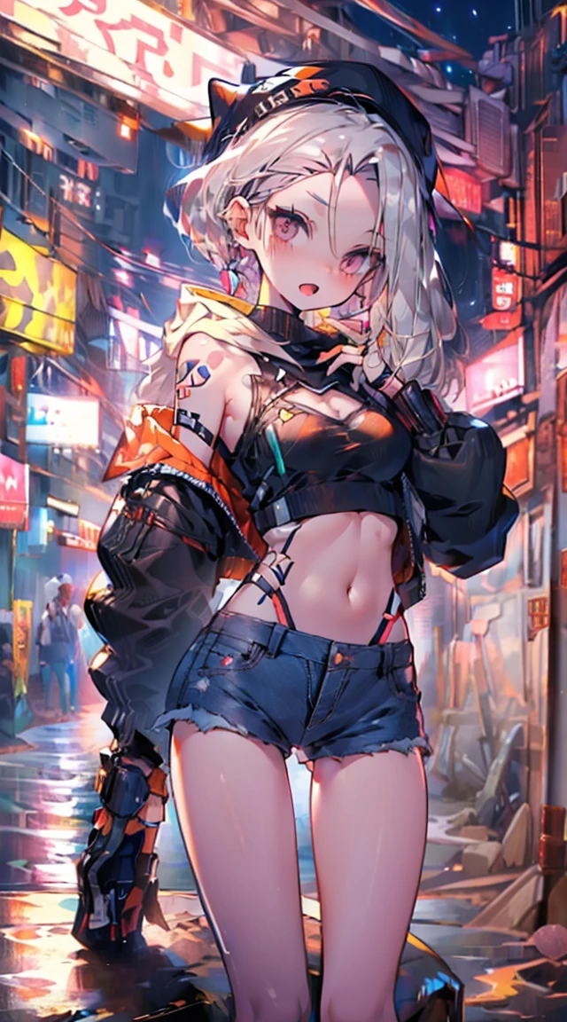 girl,cute face,double tail,Cute big eyes,Hoodies,jeans,Put on your hat,Night City,lol,open mouth,On the table,Super detailed,super quality,Ultra-precision,8k,no extra arms,no extra hands,no extra fingers,no extra legs,whole body, outdoor, (Slender figure:1.1), 1個girl, (alone), (1), White skin, Bright lips, 誘人的微lol, long hair, forehead, Silver hair, Sexy outfit, Mid-chest, Denim shorts,
