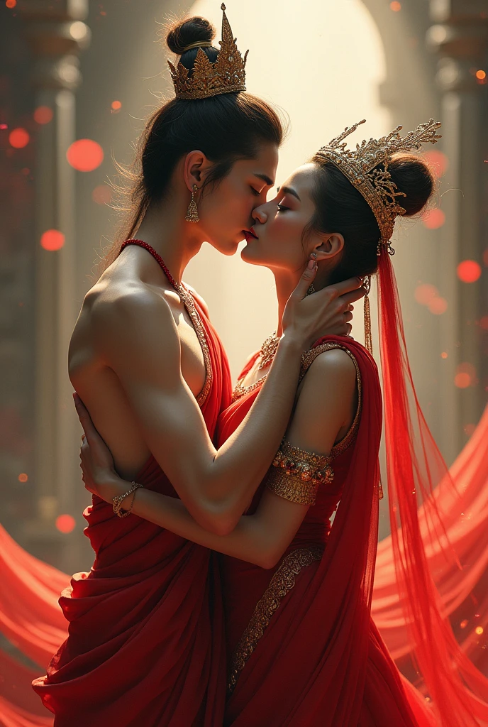 A beautiful young woman with a fierce look from the Han Fu Dynasty lies on her side in bed, her naked body hugging a young man with both hands hugging and kissing her on the bed. The room is decorated in luxurious patterns according to the era of the great Han Fu Dynasty of China. There is a set of female servants beside the bed.